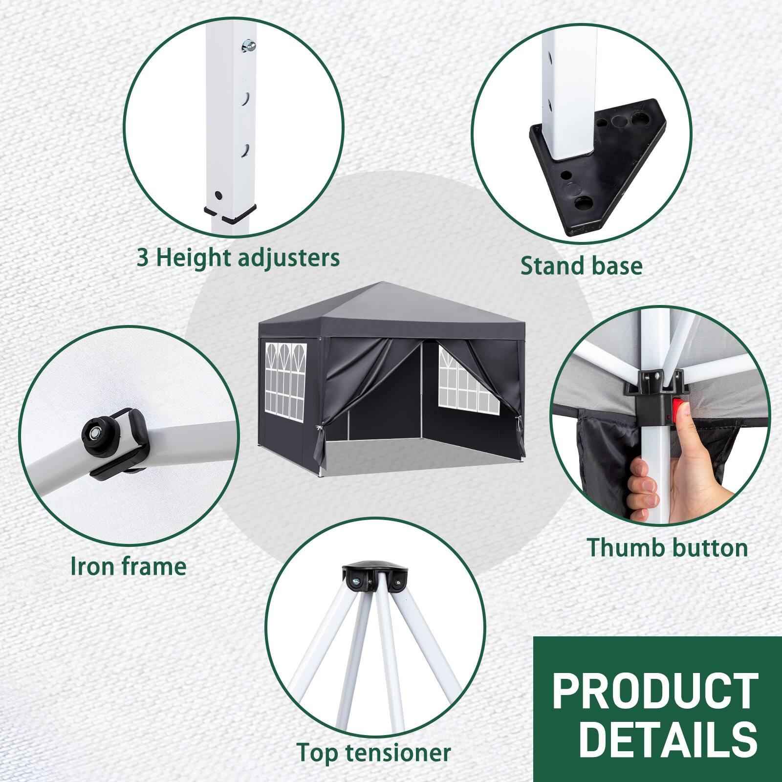 3 Height adjusters  
Stand base  
Iron frame  
Thumb button  
Top tensioner  

PRODUCT DETAILS