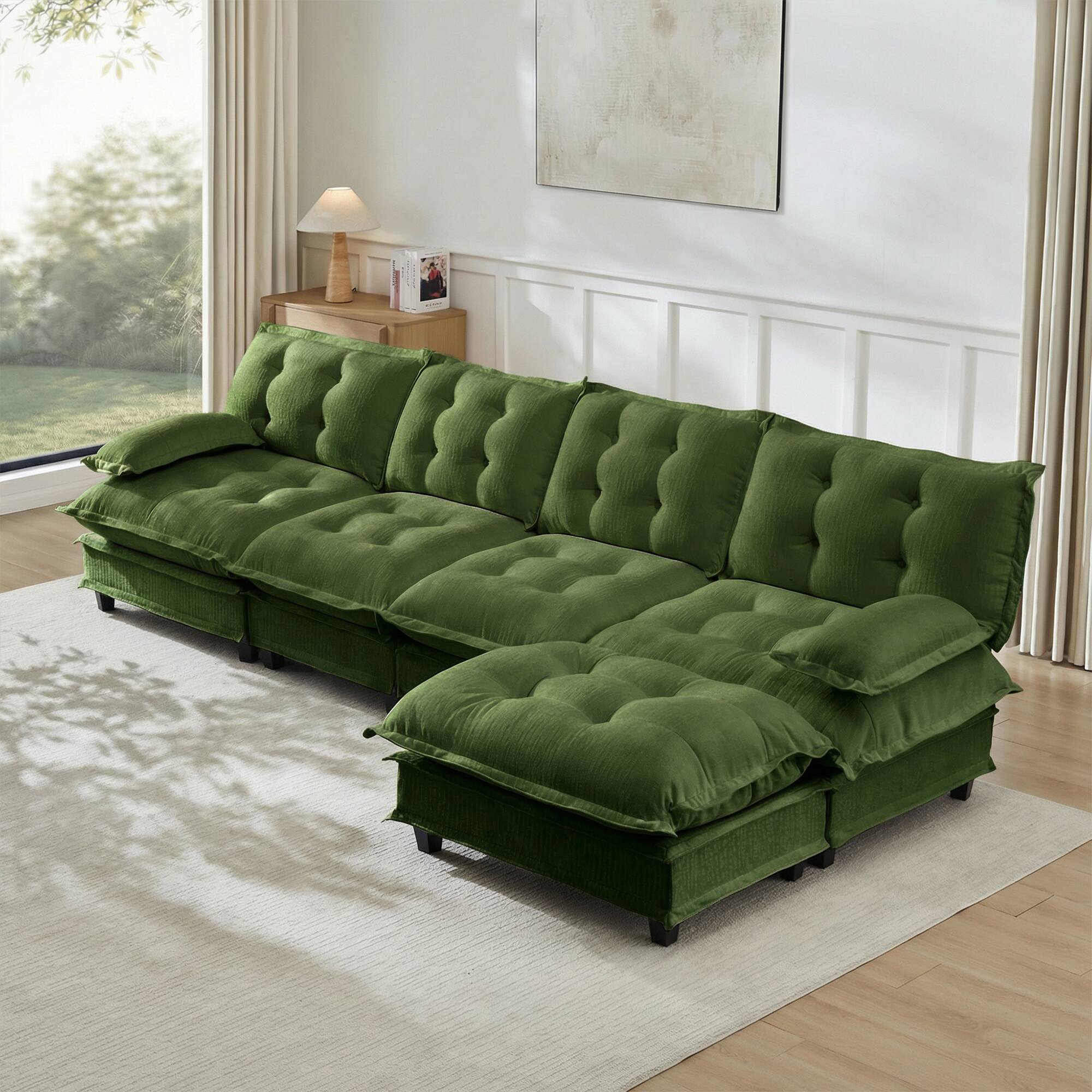 Front. LOVMOR - 4 Seat 138 inch L Shaped Modular Chenille Sectional Couch Deep Seat Compressed Pack For Bedroom Apartment Cozy - Green.
