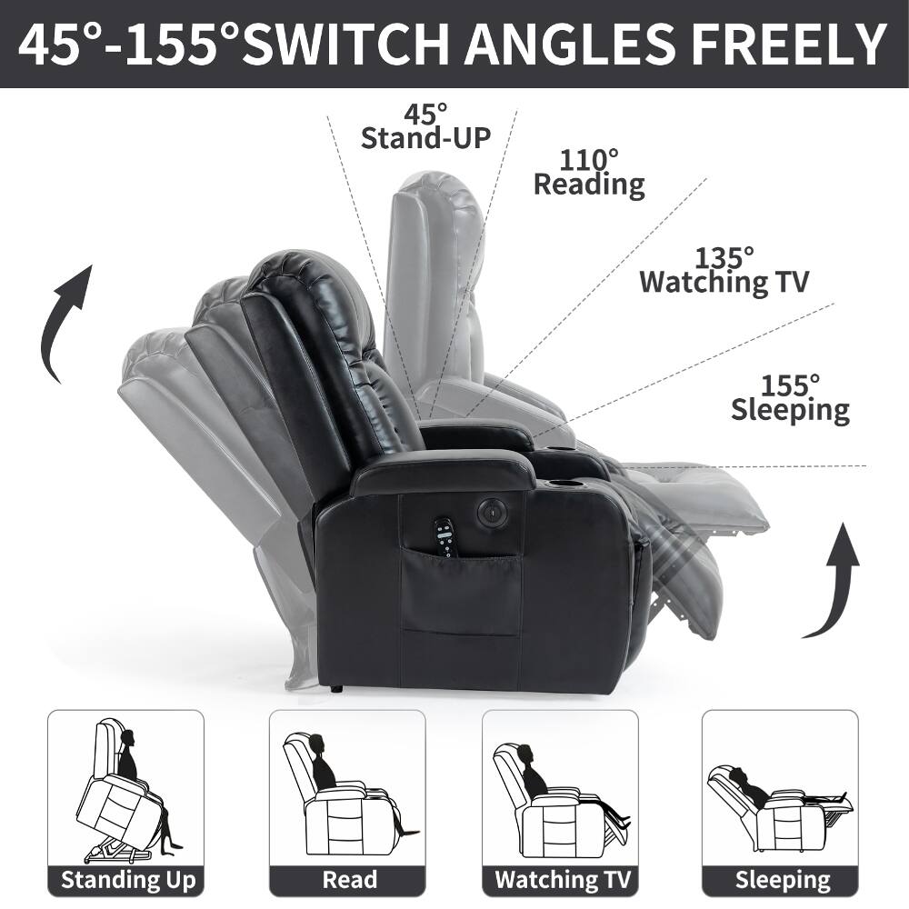 45°-155° SWITCH ANGLES FREELY

45° Stand-UP
110° Reading
135° Watching TV
155° Sleeping

Standing Up
Read
Watching TV
Sleeping
