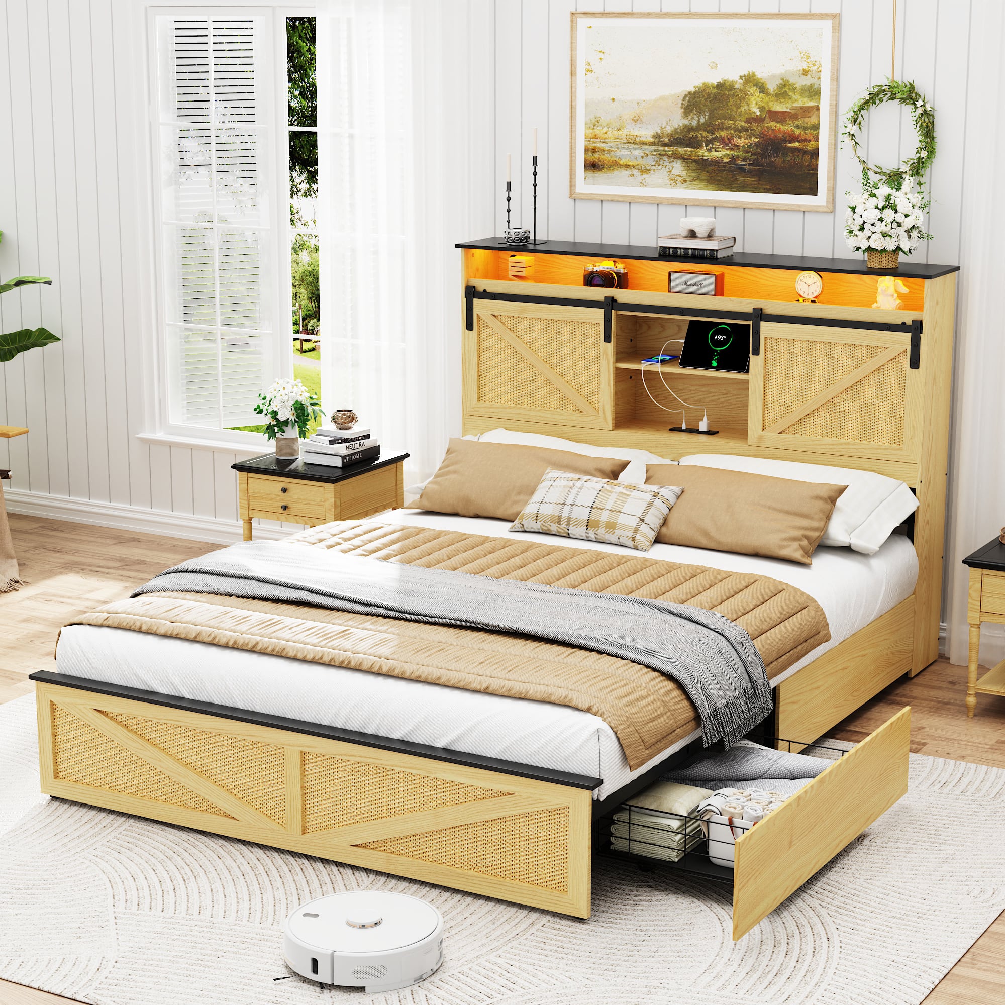 LUCKY ONE - Farmhouse Full Size Bed Frame with Storage Headboard and Drawers,Charging Station & LED Lights - Natural