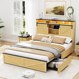 LUCKY ONE - Farmhouse Full Size Bed Frame with Storage Headboard and Drawers,Charging Station & LED Lights - Natural