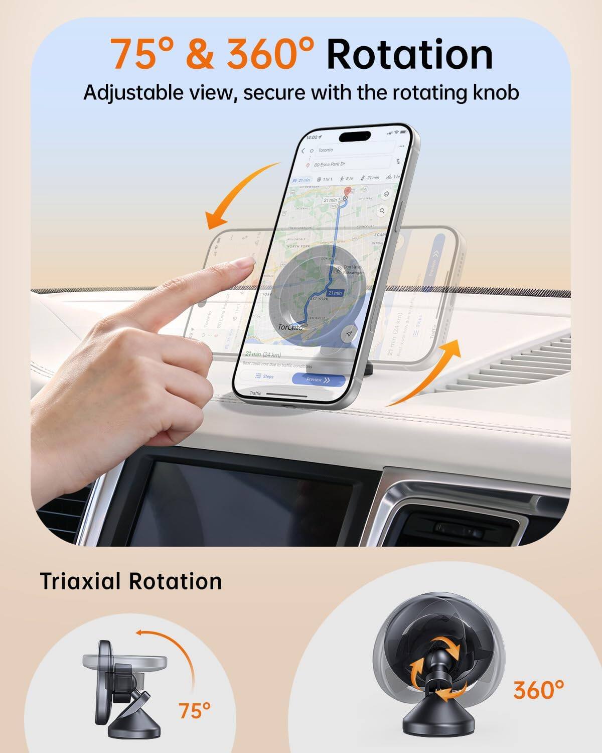75° & 360° Rotation  
Adjustable view, secure with the rotating knob  

Triaxial Rotation  
75°  
360°