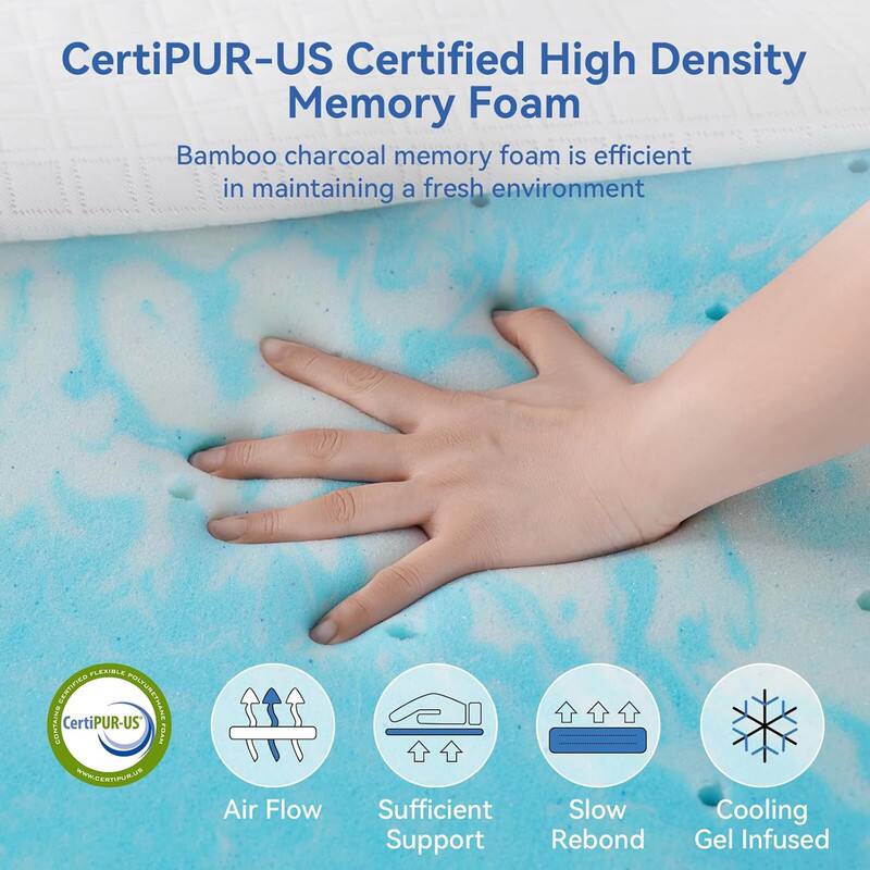 CertiPUR-US Certified High Density Memory Foam Bamboo charcoal memory foam is efficient in maintaining a fresh environment. PLEUBLE GEATIFIED POLYURETHANE CONTAINS CertiPUR-US FOA. WW.GERTIPUR.UP Air Flow Sufficient Support Slow Rebond Cooling Gel Infused.