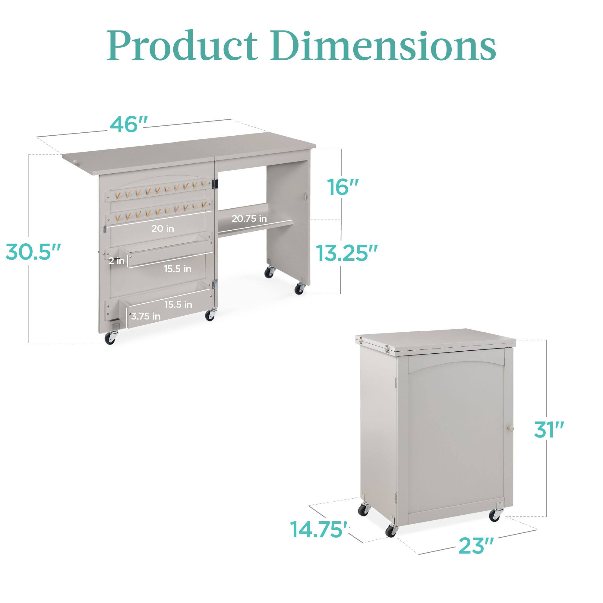 The corrected and grouped product dimensions are:

- Table: 46" (L) x 30.5" (W) x 16" (H)
- Drawer: 20" (L) x 15.5" (W) x 2" (D)
- Cart: 31" (H) x 23" (W) x 14.75" (D)