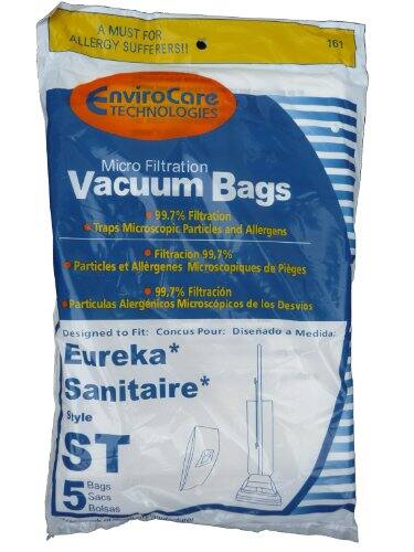 A MUST FOR ALLERGY SUFFERERS!!  
161 EnviroCare TECHNOLOGIES Micro Filtration Vacuum Bags  
99.7% Filtration Traps Microscopic Particles and Allergens  
Filtración 99,7% Partículas et Allergenes Microscópicos de Píeges  
99,7% Filtración Partículas Alergénicos Microscópicos de los Desvios  
Designed to Fit: Concus Pour: Diseñado a Medida:  
Eureka* Sanitaire* Style ST Bags 5 Sacs Bolsas
