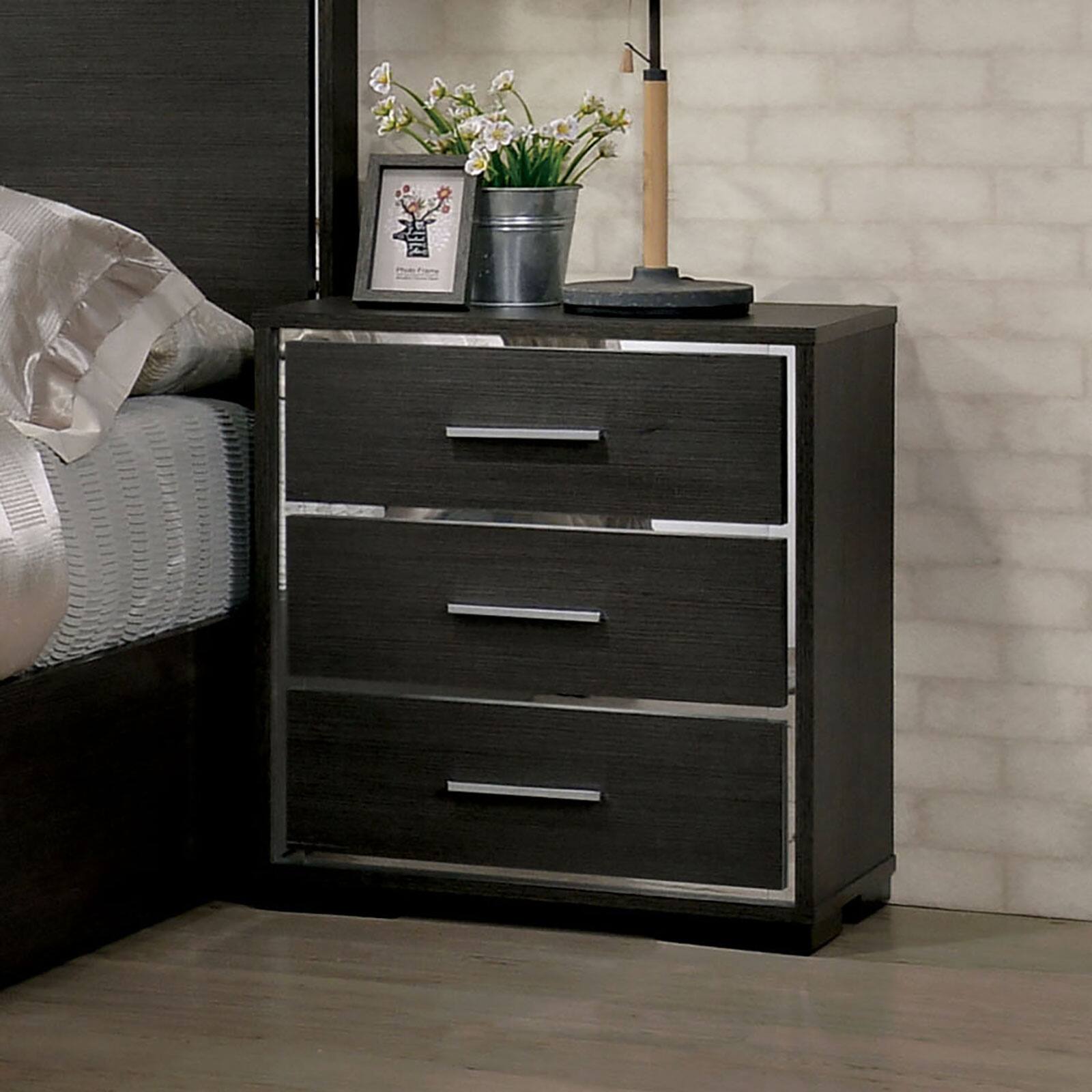 Front. Tiramisubest - Modern Gray Nightstand with Chrome Trim and USB Charger - Grey.