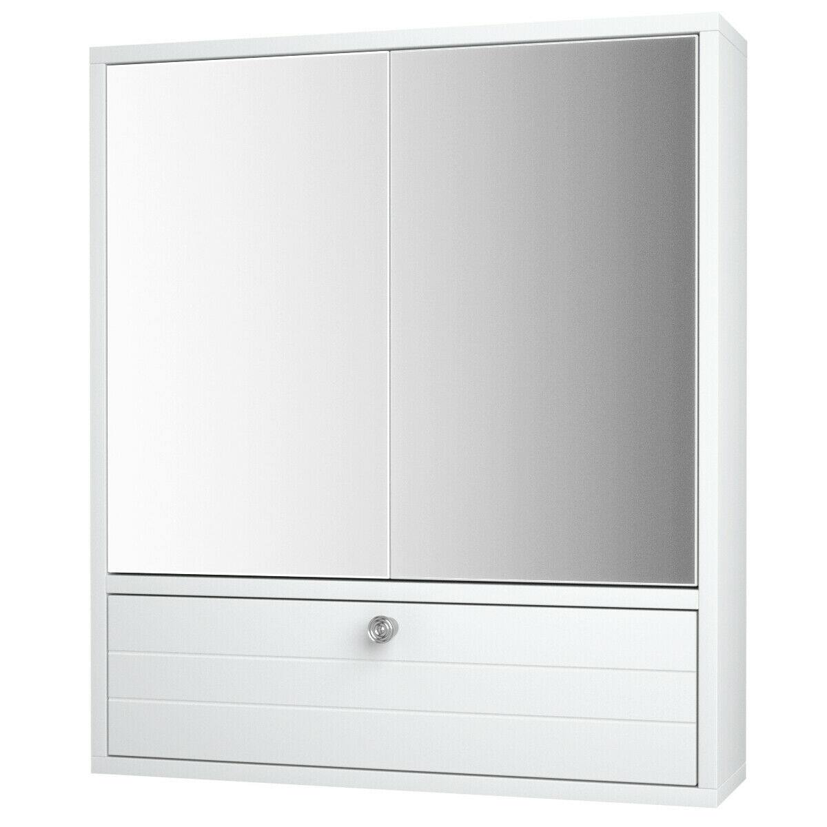 Back. WELLFOR - Double-Door Mirrored Medicine Cabinet with 3 Hidden Compartments and Flip-Down Storage - White.