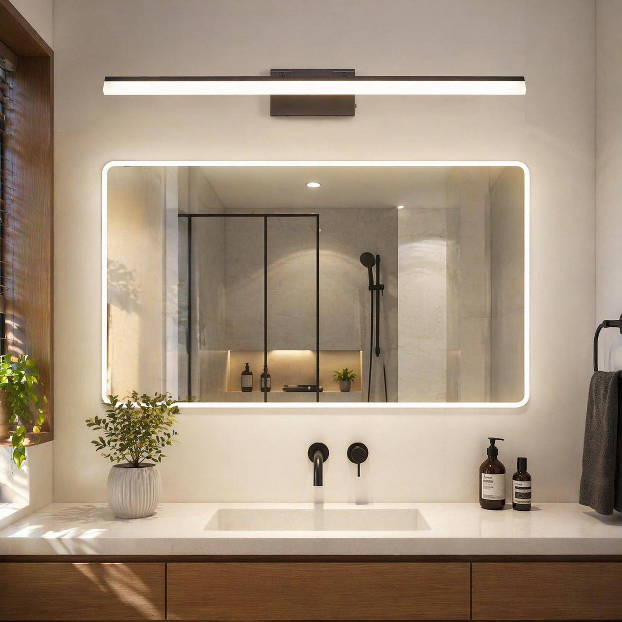 Angle. RYHNUYNE - 39-Inch LED Vanity Light for Bathroom Mirror – Modern Black Aluminum & Iron Fixture with Adjustable Color Temperature.