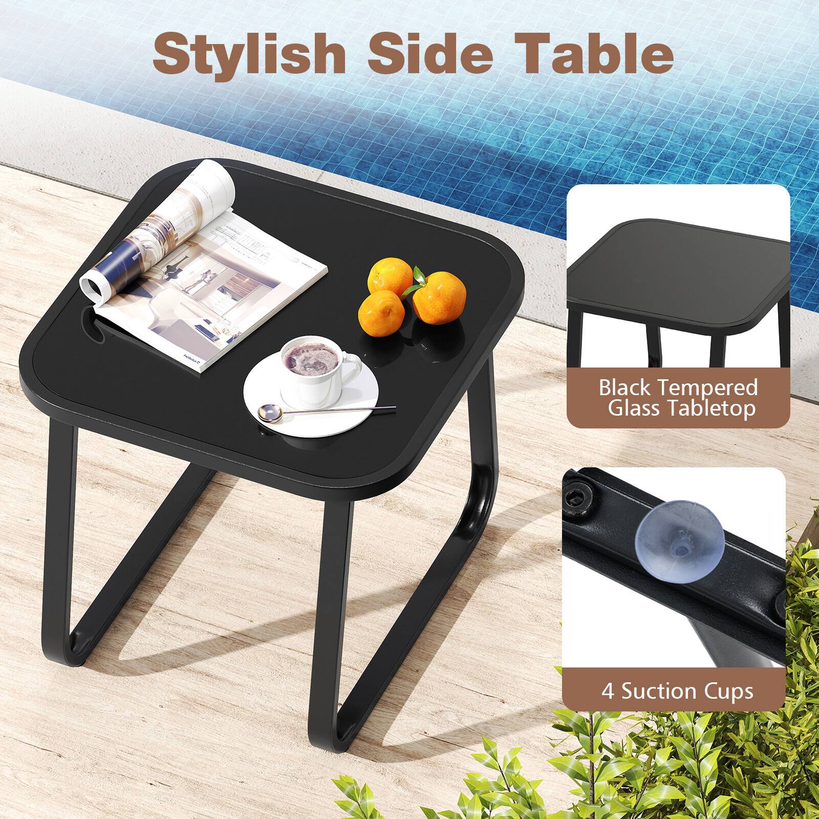 Stylish Side Table

Black Tempered Glass Tabletop

4 Suction Cups
