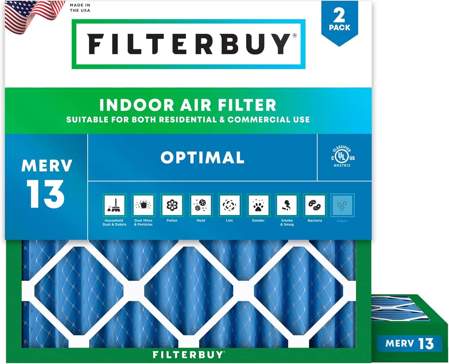 Filterbuy - 10x10x2 MERV 13 Smoke & Allergy Defense, Electrostatic Pleated HVAC AC Furnace Air Filters Replacement (2-Pack) - Blue