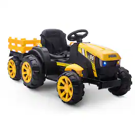 GARVEE - 12V Electric Ride On Tractor for Kids, Remote Control Farm Truck with Trailer, LED Lights, Music & Seatbelt - Yellow