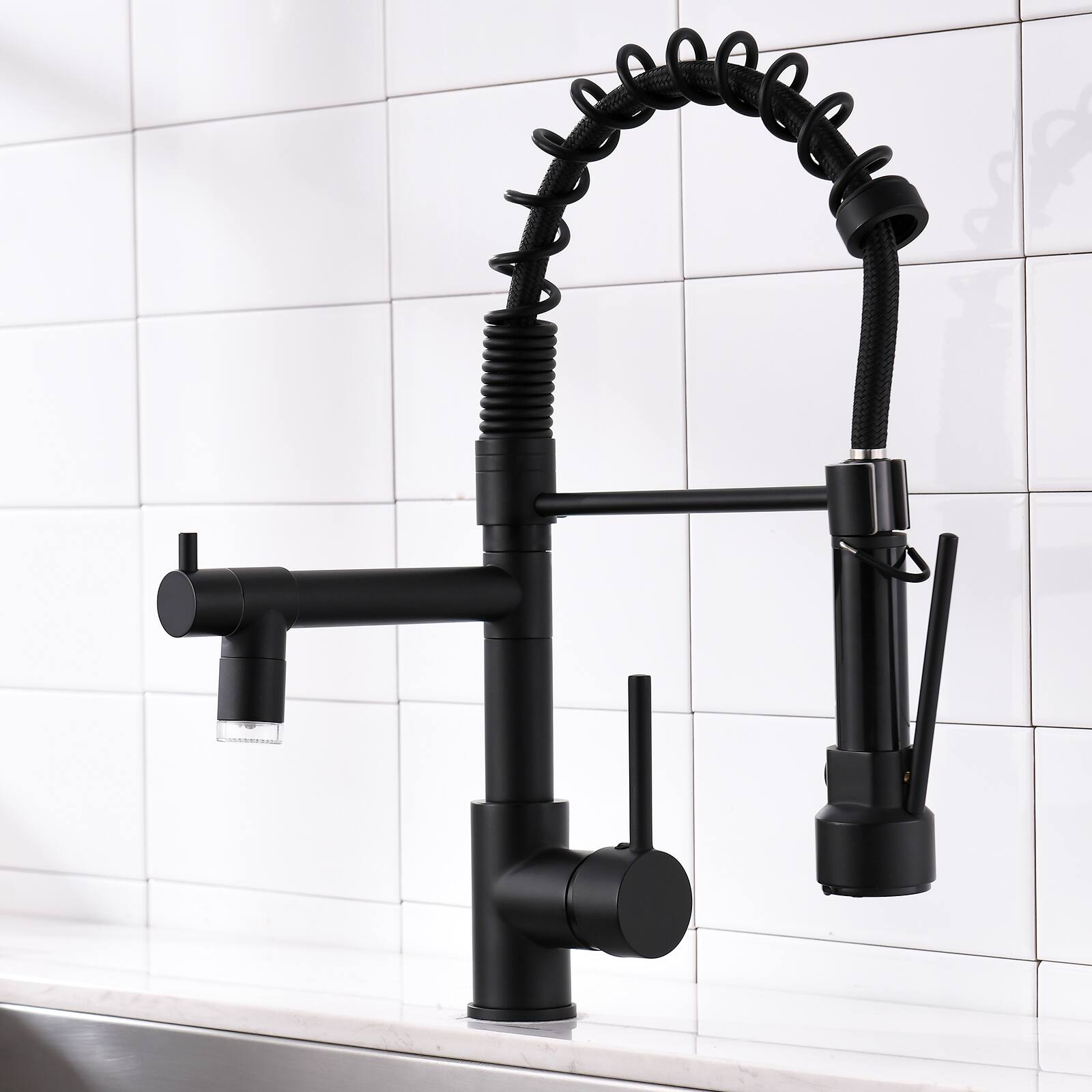 Left. APRILSOUL - LED Commercial Kitchen Faucet with Pull Down Sprayer Single Handle Single Lever Kitchen Sink Faucet - Black.