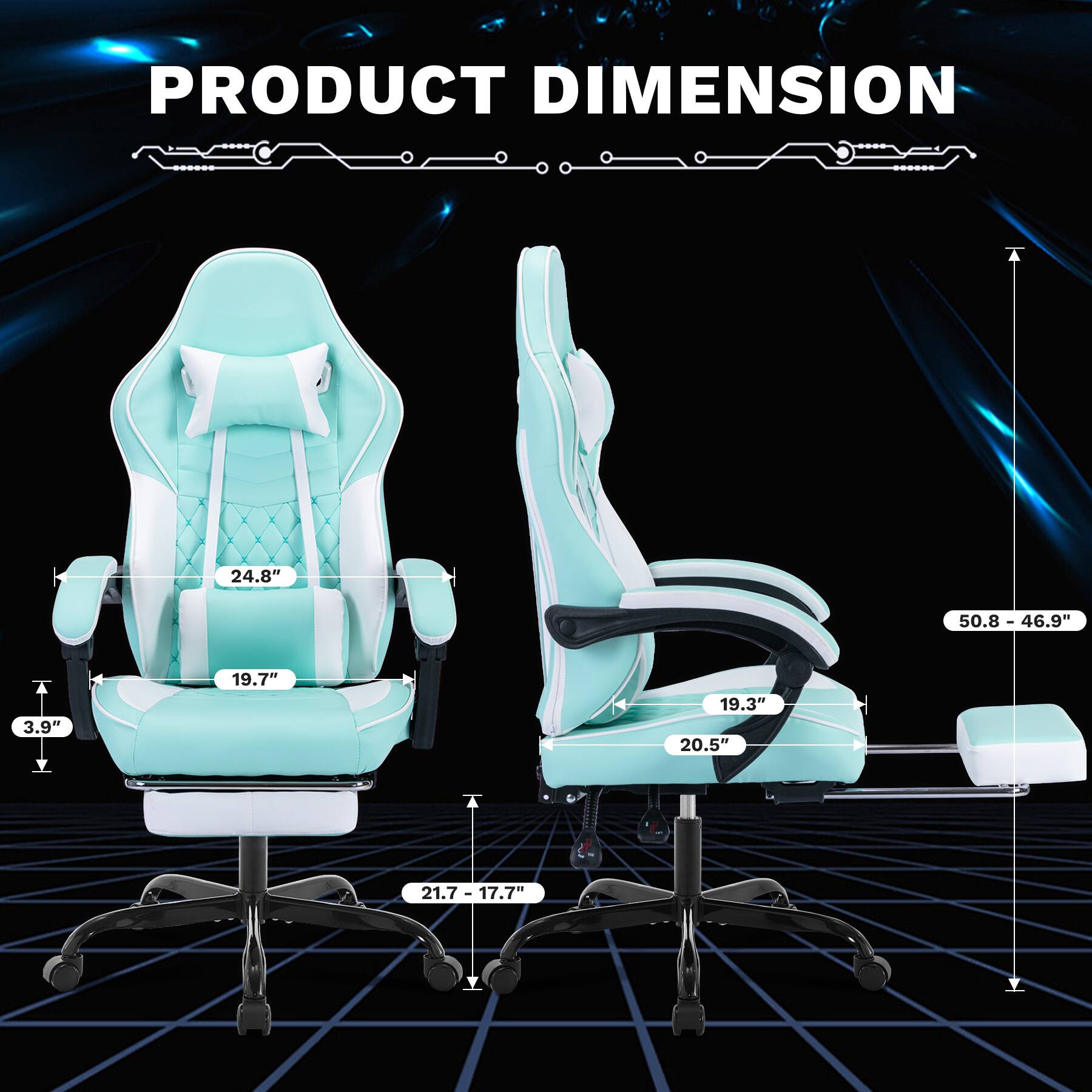 PRODUCT DIMENSION

- Width: 50.8" - 46.9"
- Height: 24.8"
- Depth: 19.7"
- Armrest Height: 3.9"
- Seat Height: 21.7" - 17.7"
- Backrest Height: 19.3"
- Seat Depth: 20.5"