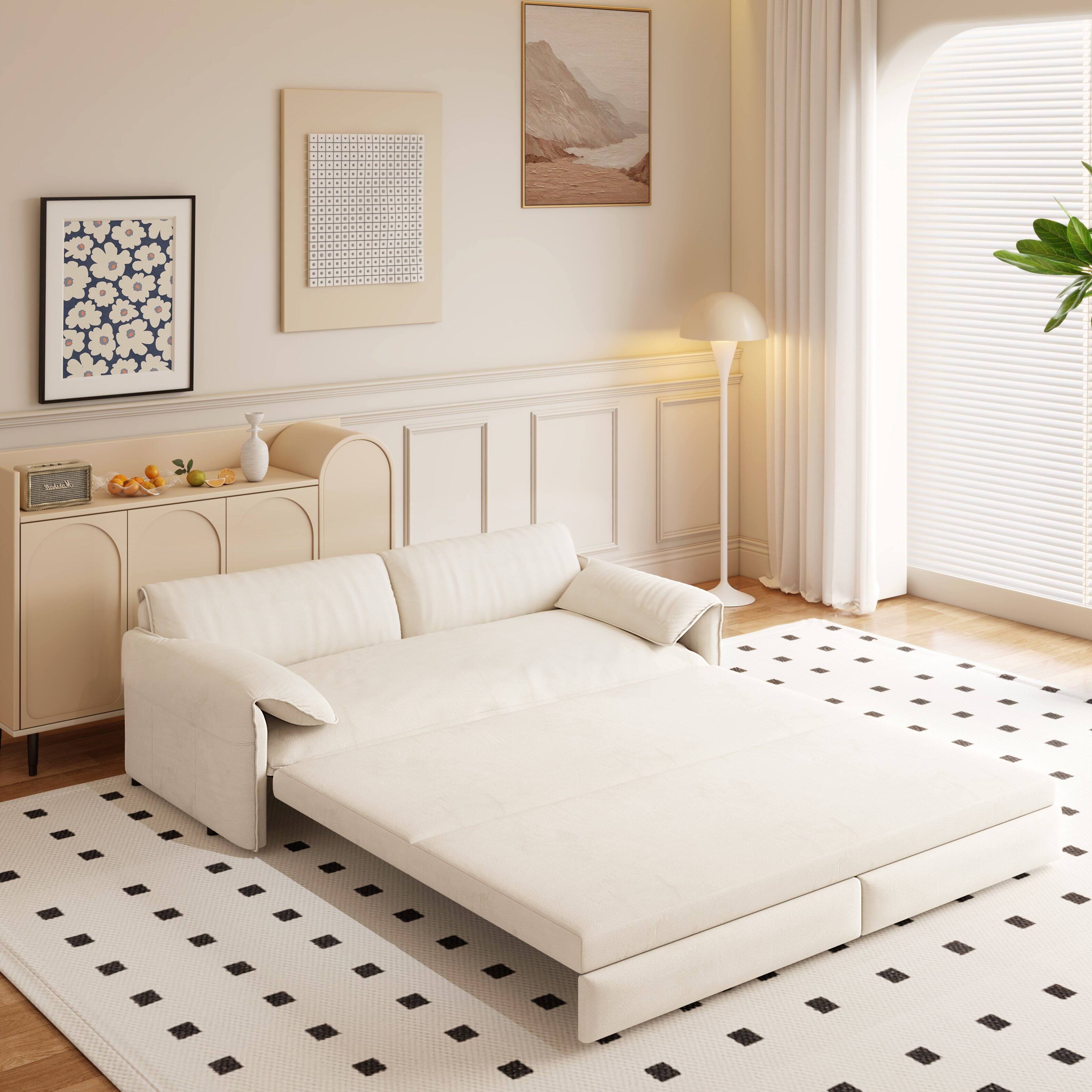 Anysun - 66" 3-in-1 Velvet Pull-Out Sofa Bed - Queen Sleeper with Side Storage for Living Room, Bedroom, Apartment & Office - White