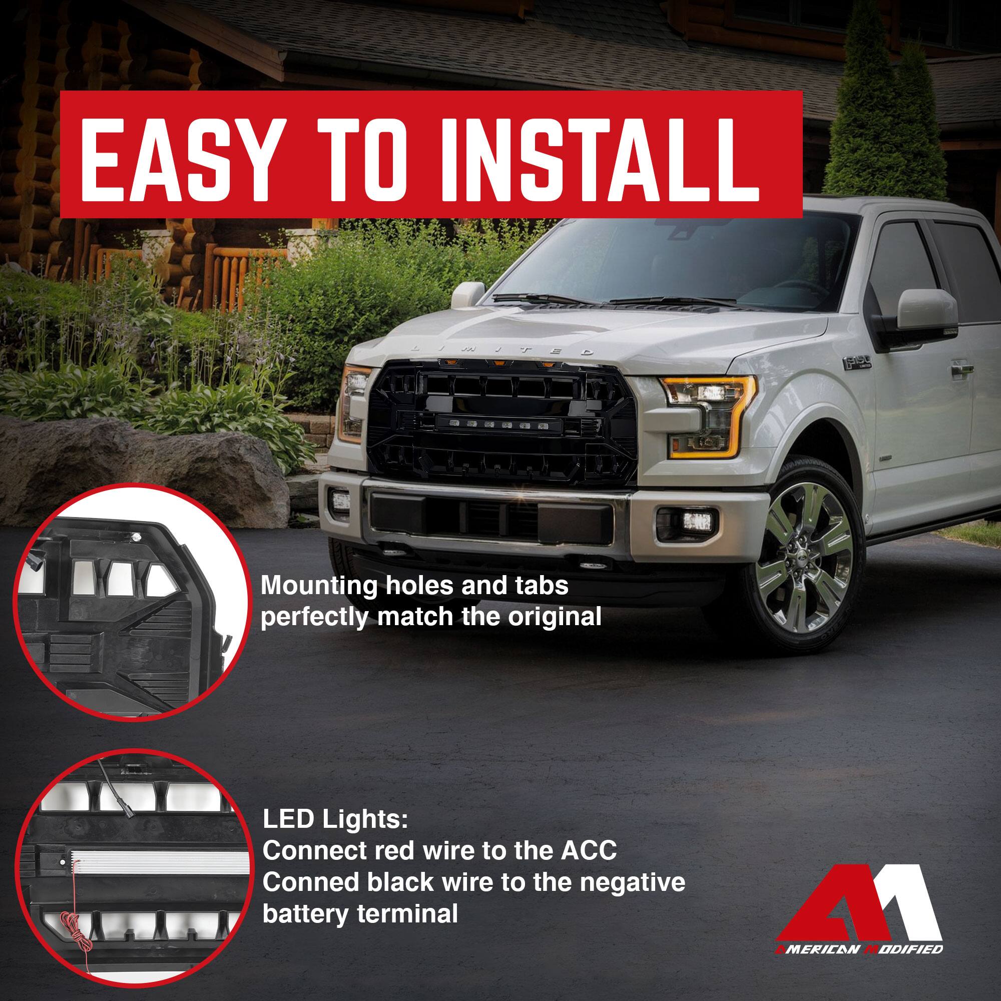 EASY TO INSTALL

Mounting holes and tabs perfectly match the original

LED Lights:
Connect red wire to the ACC
Connect black wire to the negative battery terminal

AMERICAN MODIFIED