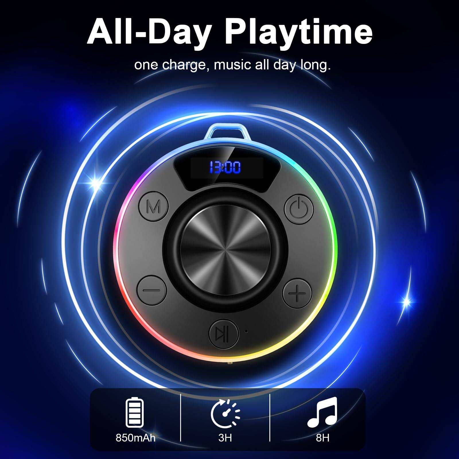 All-Day Playtime  
one charge, music all day long.  

13:00  

850mAh  
3H  
8H