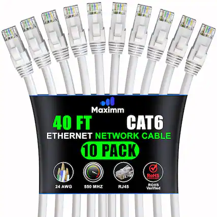 Maximm 40 FT CAT6 ETHERNET NETWORK CABLE 10 PACK
RoHS COMPLIANT
24 AWG
550 MHZ
RJ45
RoHS Verified