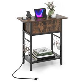 Costway - End Table with Charging Station, Flip Top Sofa Side Table with USB Ports,Outlets&Shelf - Rustic Brown & Black