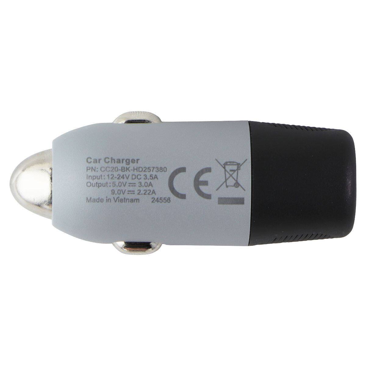 Car Charger  
PN: CC20-BK-HD257380  
Input: 12-24V DC 3.5A  
Output: 9.0V 2.22A 5.0V 3.0A  
CE  
Made in Vietnam  
24556