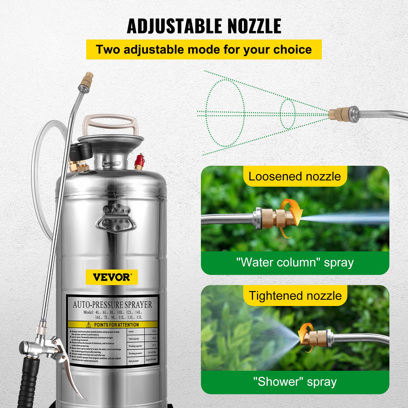 ADJUSTABLE NOZZLE  
Two adjustable modes for your choice  

Loosened nozzle  
"Water column" spray  

Tightened nozzle  
"Shower" spray  

AUTO-PRESSURE SPRAYER  
Model: 4L, 6L, 8L, 10L, 12L, 14L, 16L, 7L, 9L, 11L, 13L, 15L  

POINTS FOR ATTENTION  
- Keep the sprayer away from children.  
- Do not use the sprayer in direct sunlight.  
- Do not use the sprayer in high temperatures.  
- Do not use the sprayer in low temperatures.  
- Do not use the sprayer in windy conditions.  
- Do not use the sprayer in areas with high humidity.  
- Do not use the sprayer in areas with high pressure.  
- Do not use the sprayer in areas with high voltage.  
- Do not use the sprayer in areas with high current.  
- Do not use the sprayer in areas with high resistance.  
- Do not use the sprayer in areas with high capacitance.  
- Do not use the sprayer in