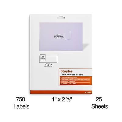 Staples Clear Address Labels  
1" x 2 5/8"  
750 Labels  
25 Sheets