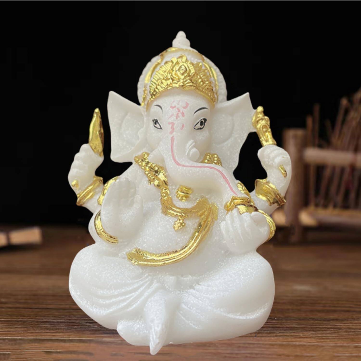 Front. Refined Abode Design - God Lord Ganesha Statue Orange Lmitation Glass Hindu Elephant Ganpati Idol Buddha Sculptures Gift Home Temple.