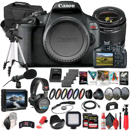 Canon EOS Rebel T7
Canon 18-55mm Lens
Canon Camera Bag
Tripod
Microphone
Headphones (Sony)
External Monitor (ELLIJUT)
Memory Cards (SanDisk Extreme PRO 64GB)
Camera Batteries
Camera Charger
Camera Straps
Lens Filters
Cleaning Kit
Lighting Kit
Software:
- VideoStudio Pro X10
- Painter 12
- PhotoShop Elements 12
- AfterShot Pro 3
- Adobe Creative Cloud
- 64GB SanDisk
- Save Cleaner
- Lens Hood
- Camera Tripod
- Camera Bag
- Camera Lens