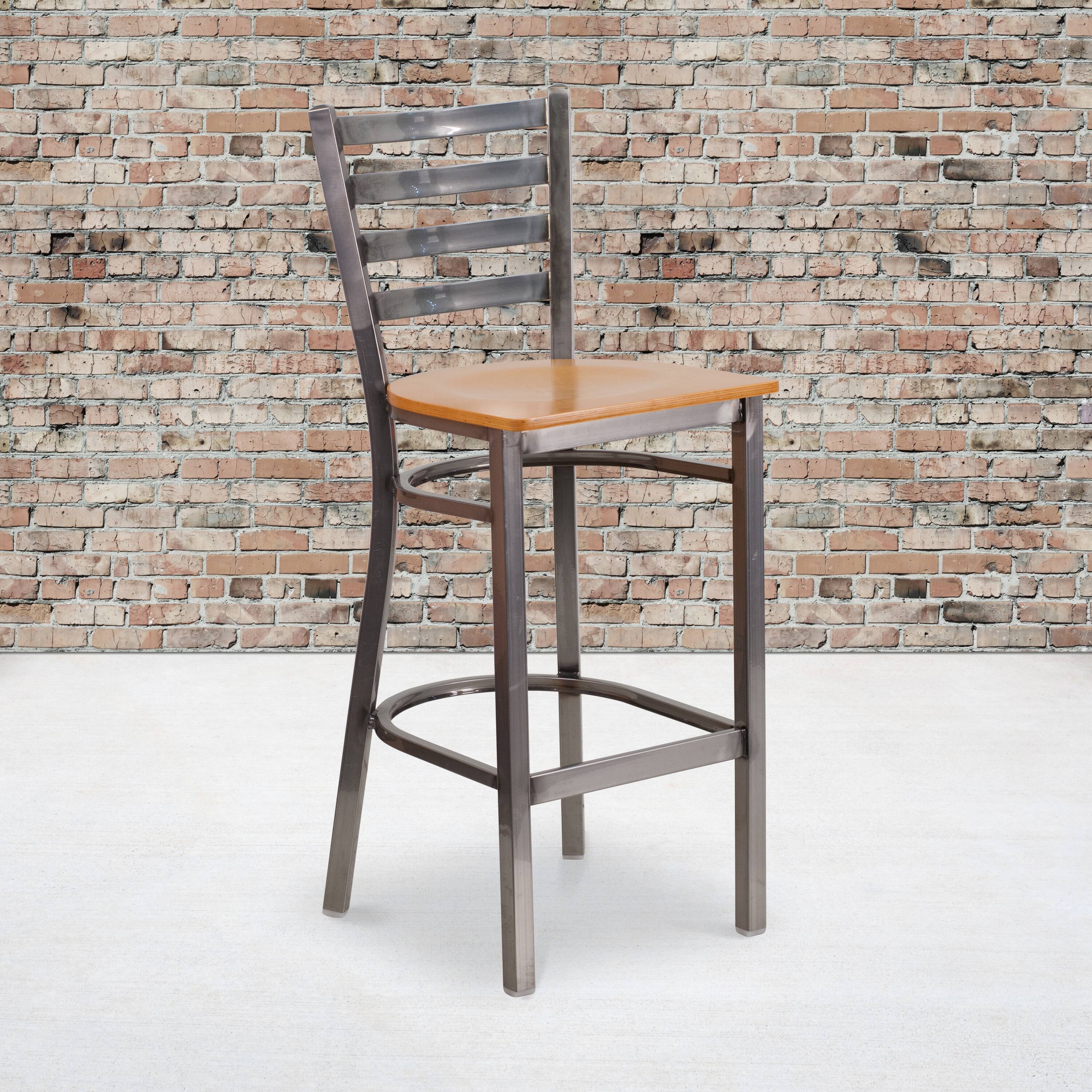 Alt View 2. Emma + Oliver - 2 Pack Clear Coated Ladder Back Metal Restaurant Barstool - Natural Wood Seat/Clear Coated Metal Frame.