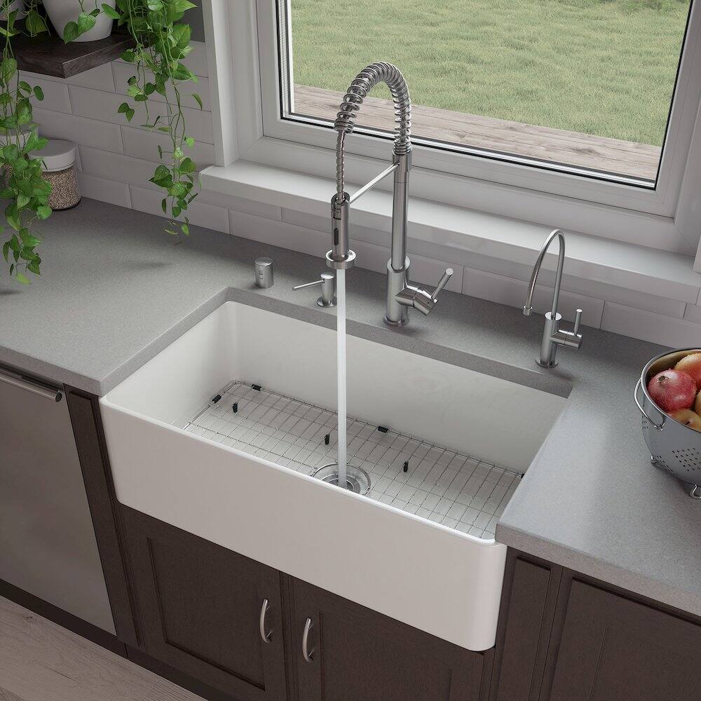 Angle. Alfi - 33" White Thin Wall Single Bowl Smooth Apron Fireclay Kitchen Farm Sink - White.