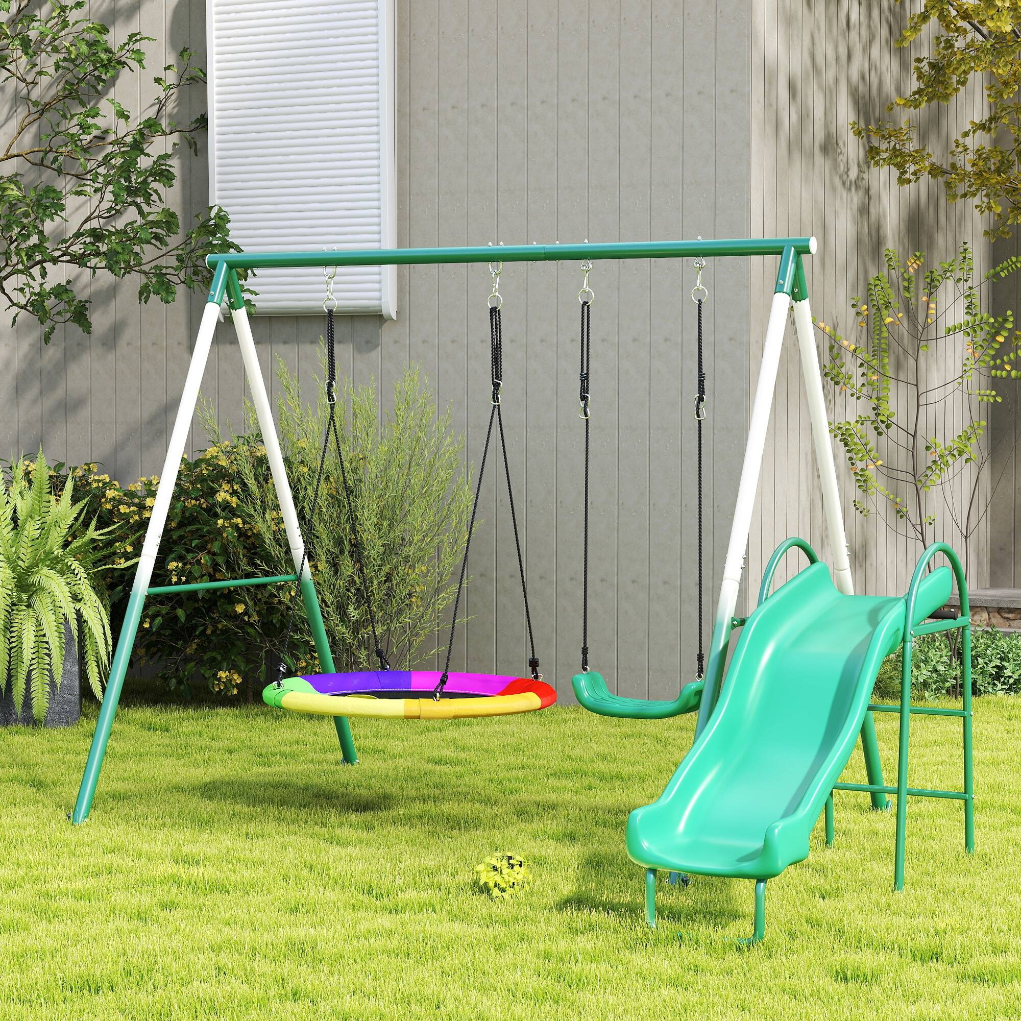Alt View 1. Qaba - Swing Set with Slide, Saucer Swing Seat, Heavy Duty A-Frame Stand and Adjustable Rope for Backyard.