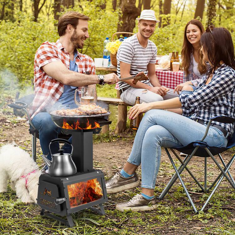 Left. Mondawe - Patented Portable Wood Camping Burning Stove Heater Tabletop Fire Pit with 2 Cooking Positions - Black.