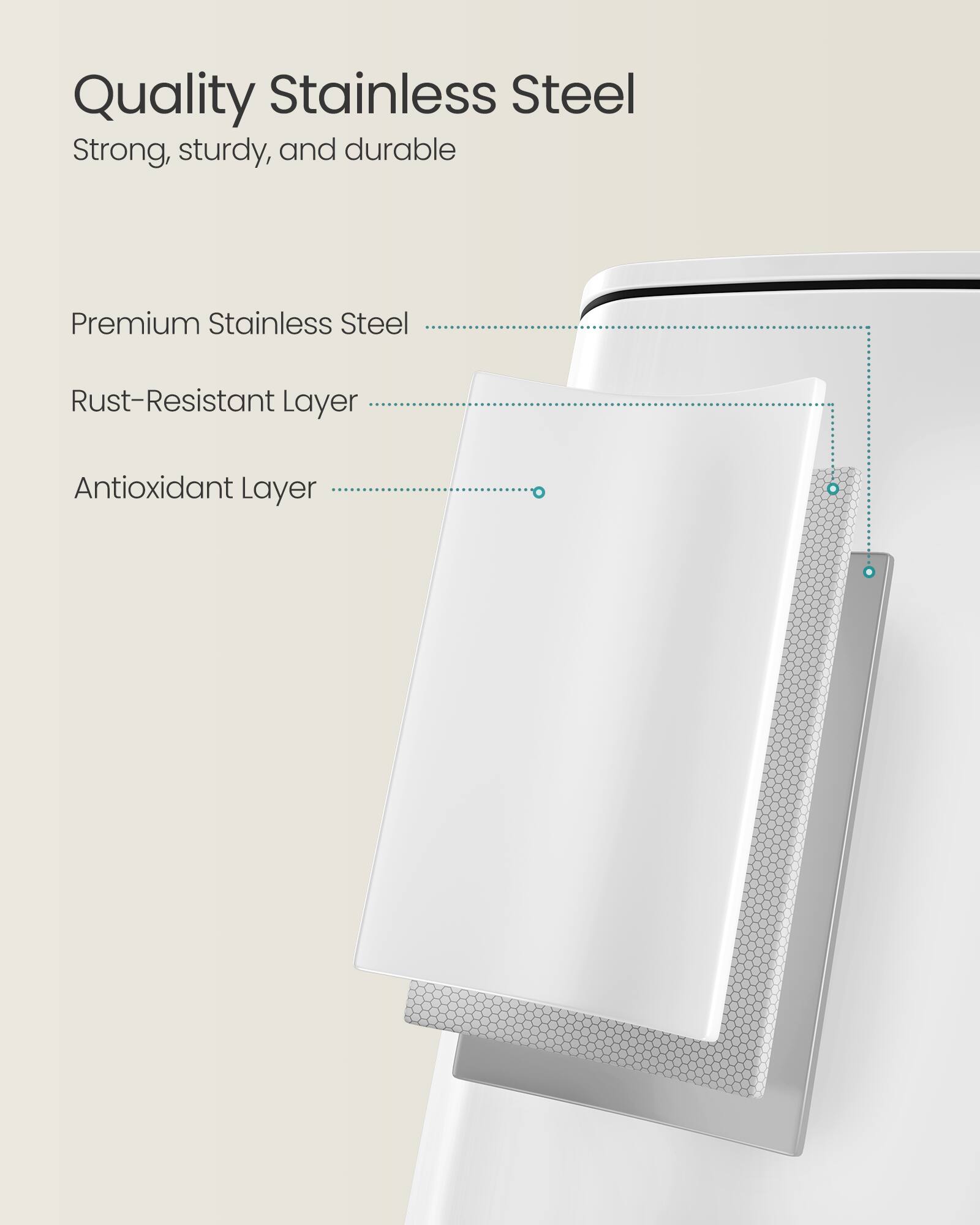 Quality Stainless Steel

Strong, sturdy, and durable

Premium Stainless Steel

Rust-Resistant Layer

Antioxidant Layer