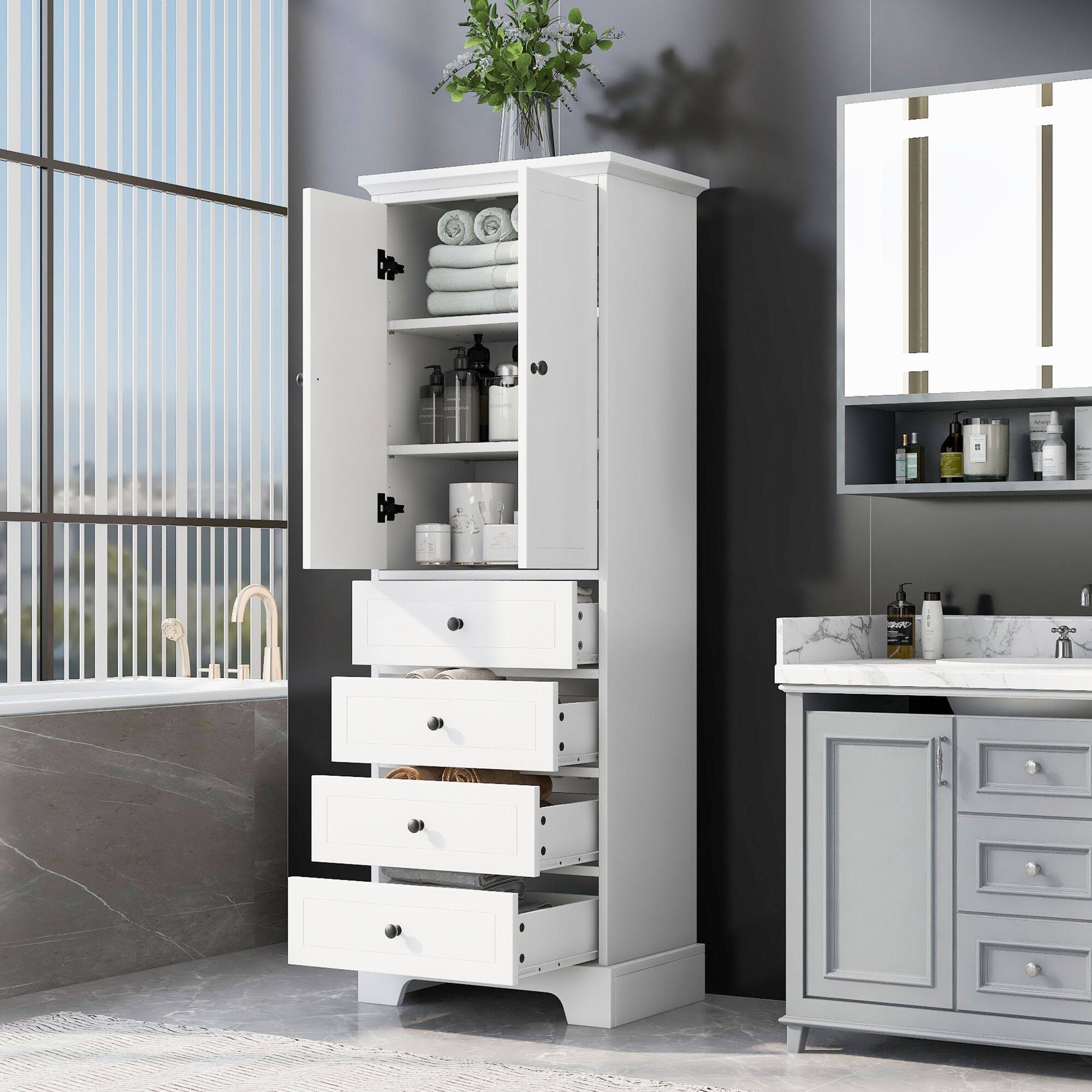 Angle. Mirfee - Storage Cabinet with 2 Doors, 4 Drawers, Adjustable Shelf, MDF Painted Finish - White.