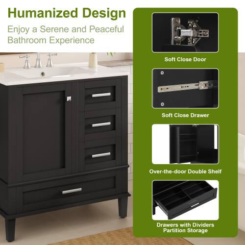 Humanized Design  
Enjoy a Serene and Peaceful Bathroom Experience  

- Soft Close Door  
- Soft Close Drawer  
- Over-the-door Double Shelf  
- Drawers with Dividers Partition Storage