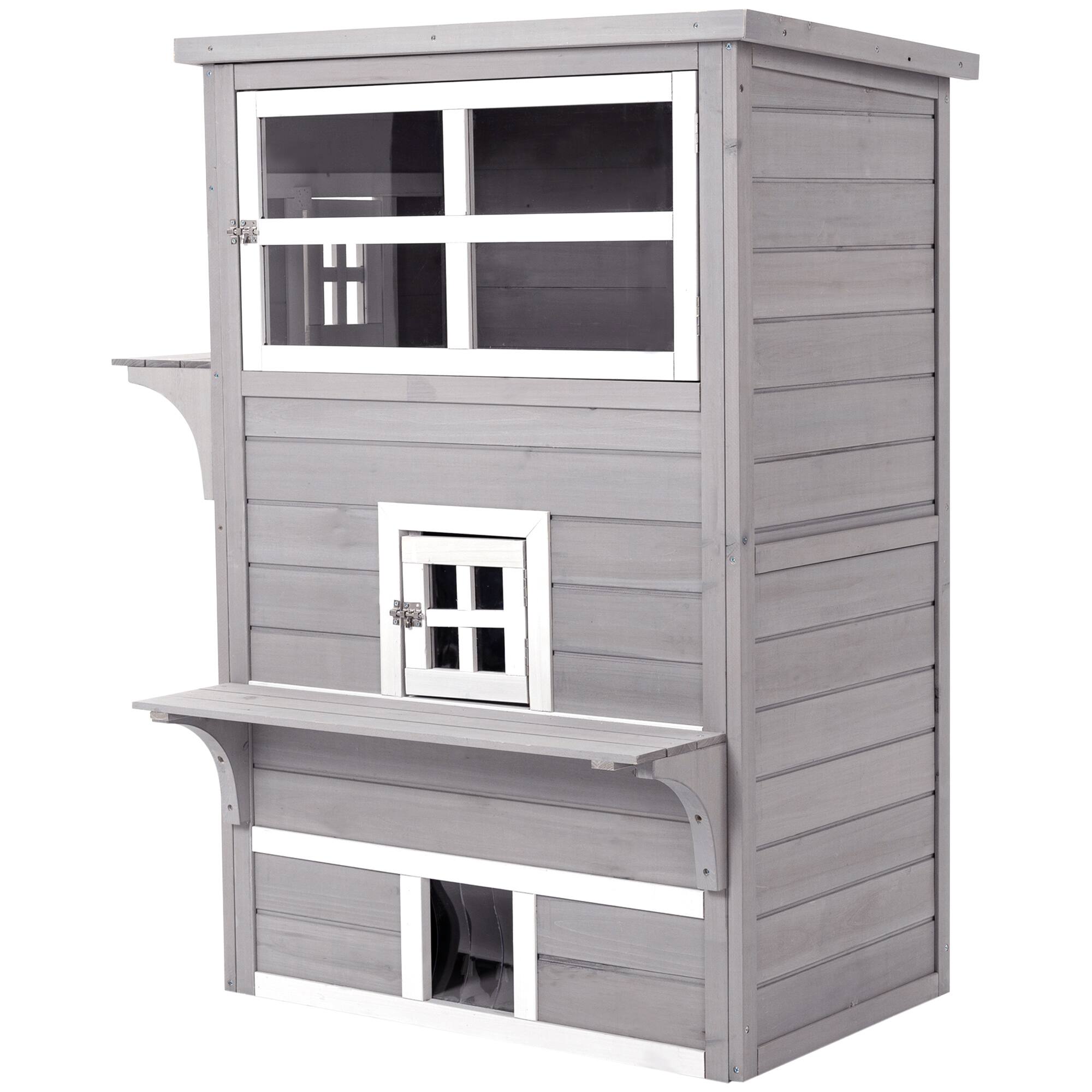 Alt View 6. Siljoy - Grey 3‑Story Cat House, Outdoor Feral Shelter with Asphalt Roof, 5 Doors & Jump Platforms.