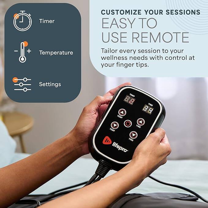- Timer
- Temperature
- Settings

CUSTOMIZE YOUR SESSIONS  
EASY TO USE REMOTE

Tailor every session to your wellness needs with control at your finger tips.