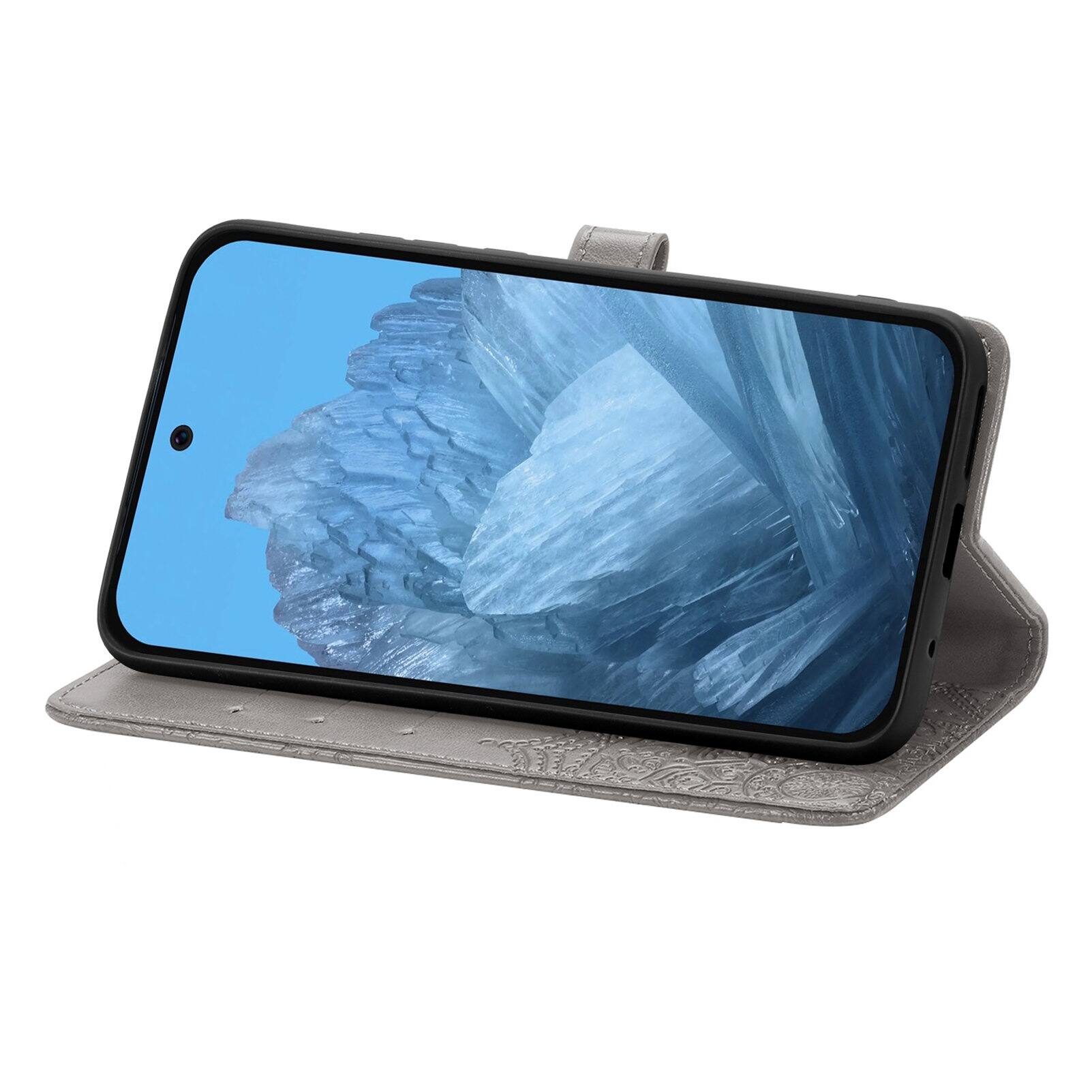 Angle. Dteck - Magnetic Embossed Case For Google Pixel 10 Pro/10, Shockproof Card Slots Stand PU Leather Flip Protective Cover - Gray.
