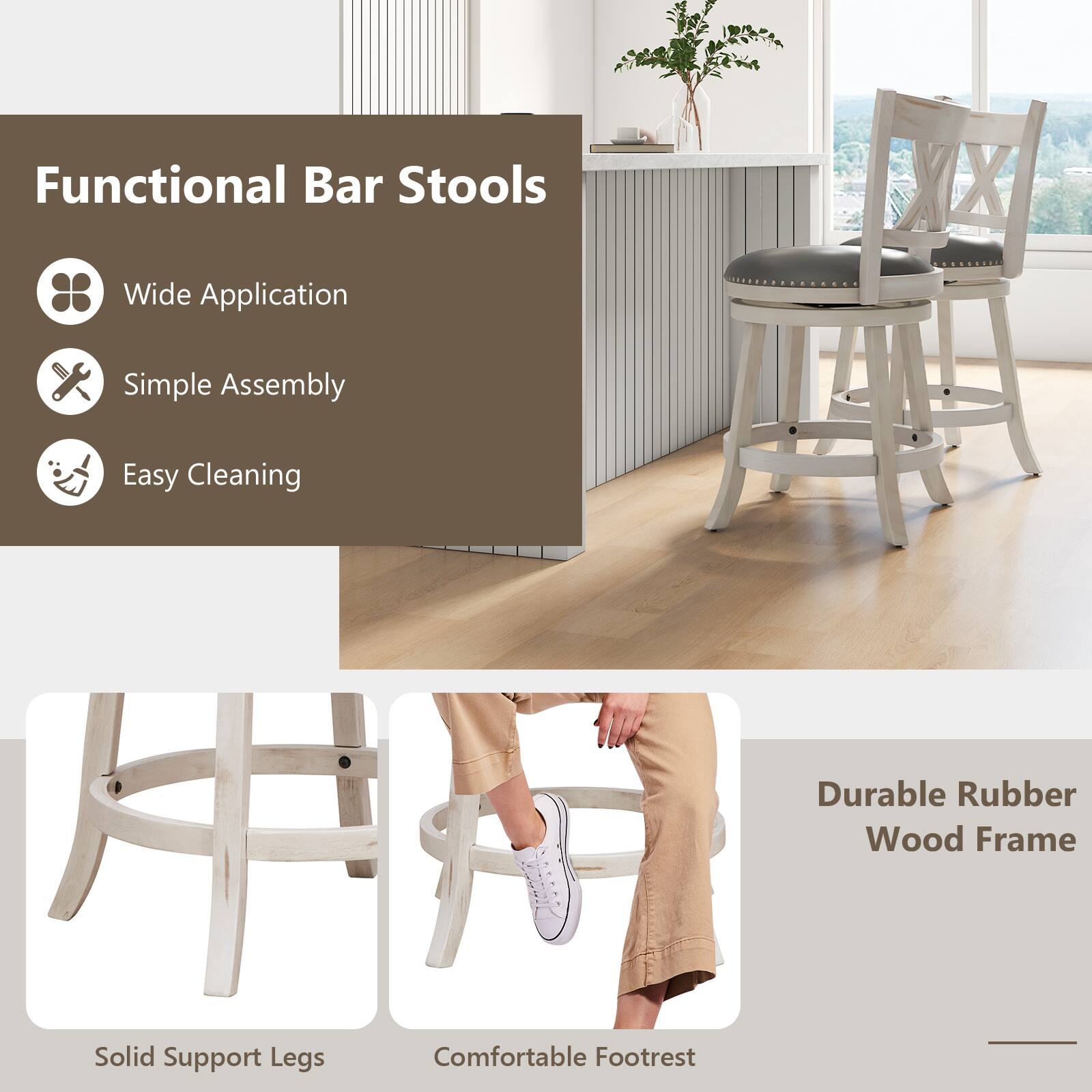 Functional Bar Stools

- Wide Application
- Simple Assembly
- Easy Cleaning

- Durable Rubber Wood Frame
- Solid Support Legs
- Comfortable Footrest