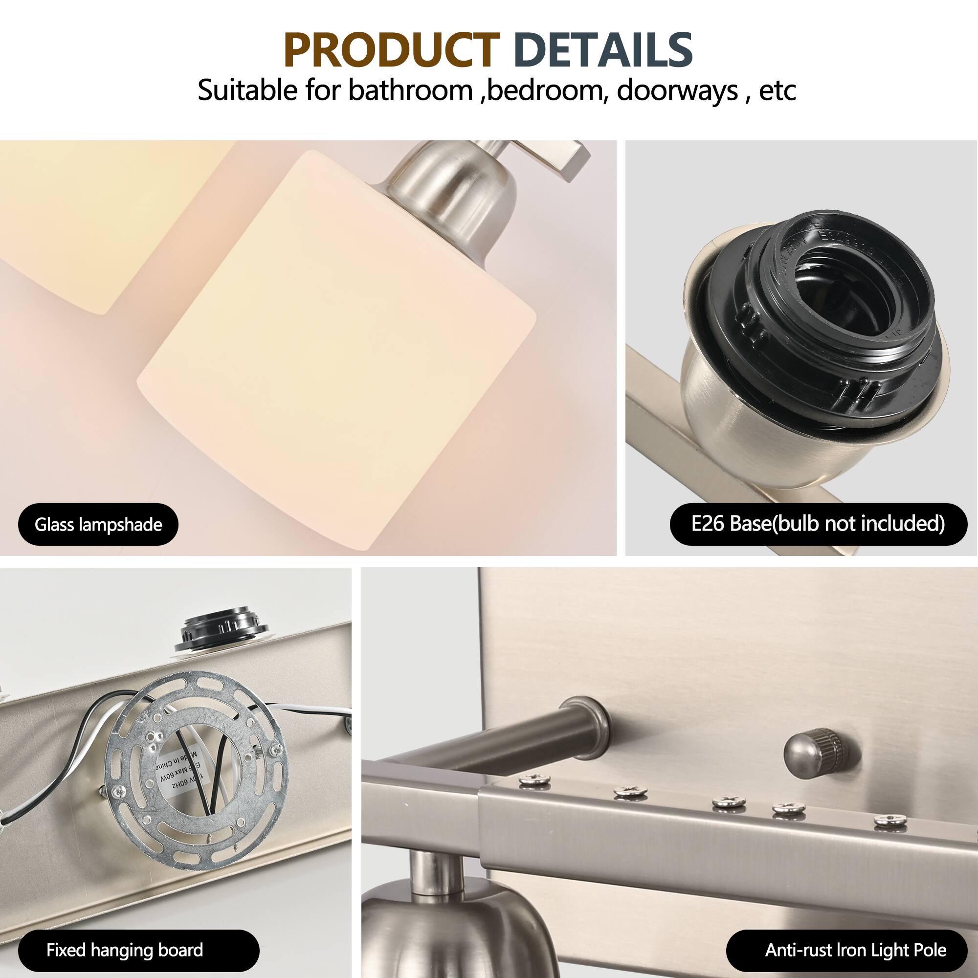 PRODUCT DETAILS  
Suitable for bathroom, bedroom, doorways, etc  

- Glass lampshade  
- E26 Base (bulb not included)  
- Fixed hanging board  
- Anti-rust iron light pole