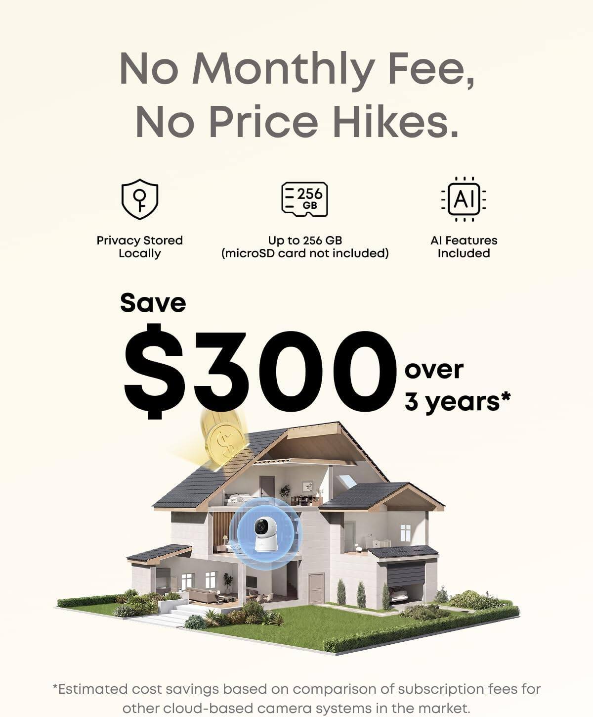 No Monthly Fee, No Price Hikes.  
256 GB AI Privacy Stored Locally Up to 256 GB (microSD card not included)  
AI Features Included  
Save $300 over 3 years*  
*Estimated cost savings based on comparison of subscription fees for other cloud-based camera systems in the market.
