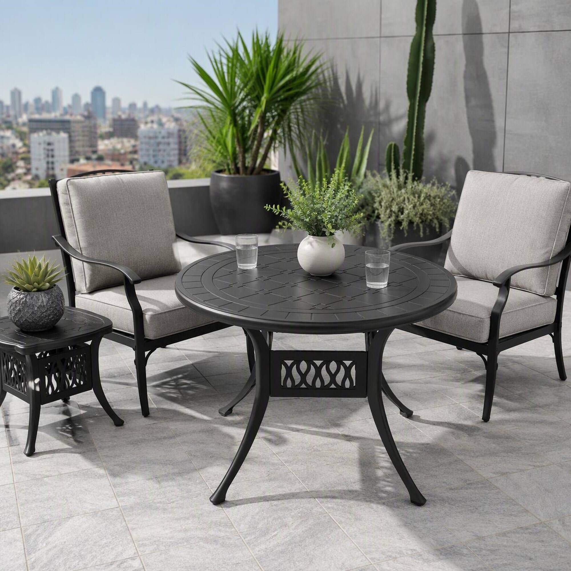 Left. RYHNUYNE - Round Cast Aluminum Patio Dining Table,39.37" Black Outdoor Bistro Table for Garden Deck Balcony - Black.