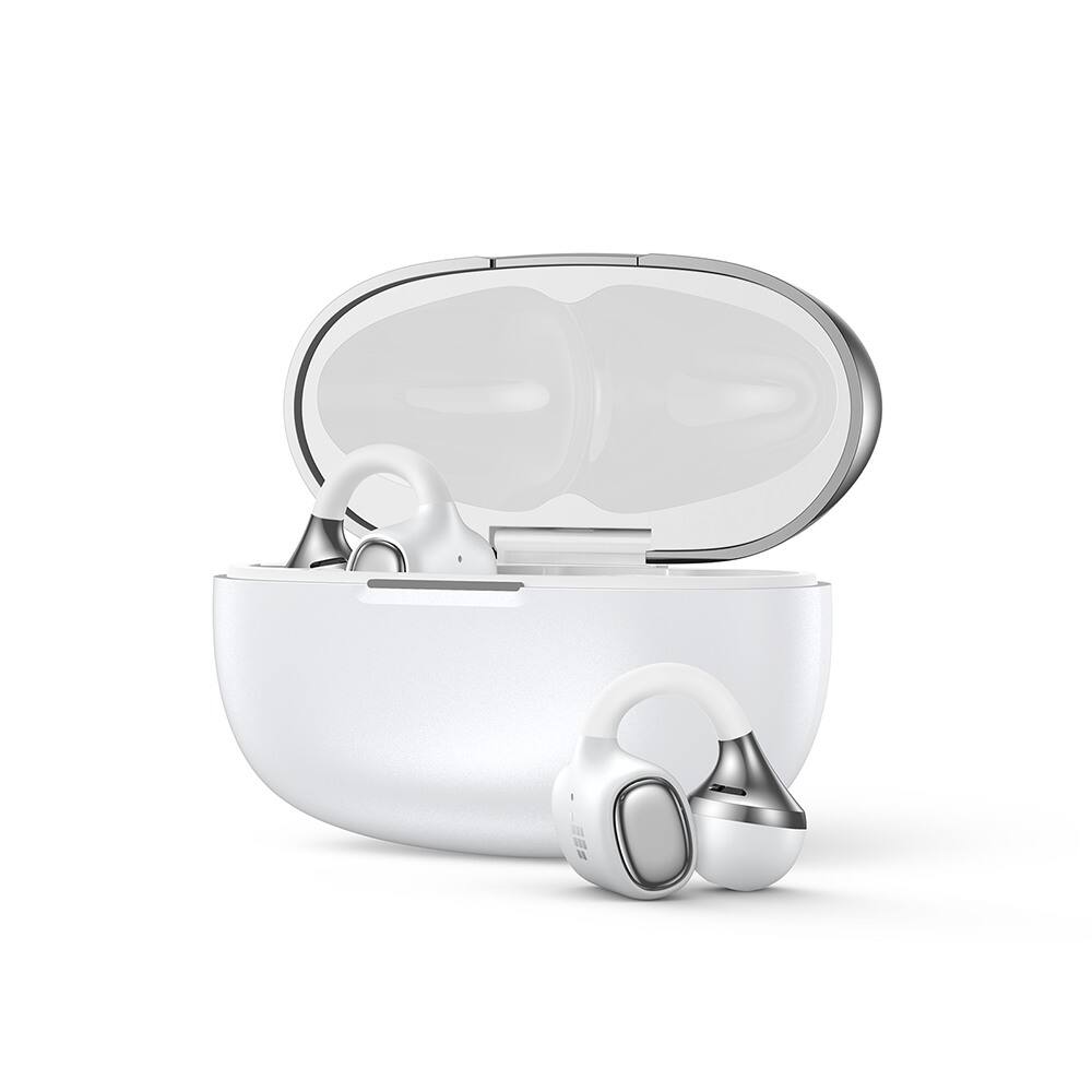 Left. Tronsmart - OpenFly 2 Open Ear Clip-On Earbuds-32H Playtime, Hi-Res Light Comfort Fit for Sports/Workouts, Low Latency, Dual Pairing - White.