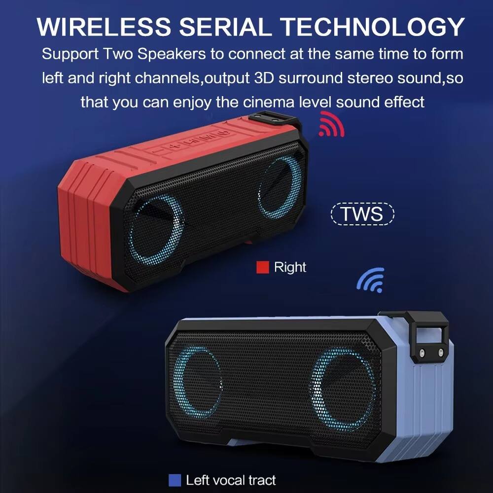 WIRELESS SERIAL TECHNOLOGY  
Support Two Speakers to connect at the same time to form left and right channels, output 3D surround stereo sound, so that you can enjoy the cinema level sound effect

TWS  
Right  
Left vocal tract