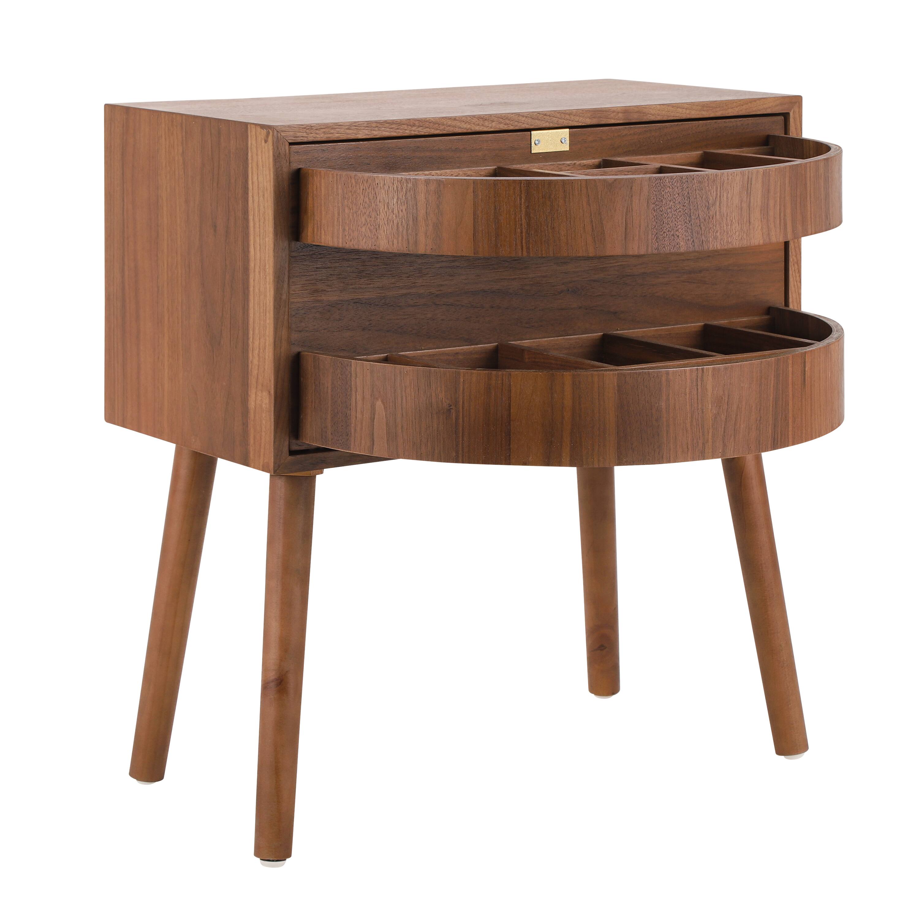 Left. Whisen - Rotating Nightstand with Hidden Compartments, Rattan Bedside Table and Storage End Table - Walnut.