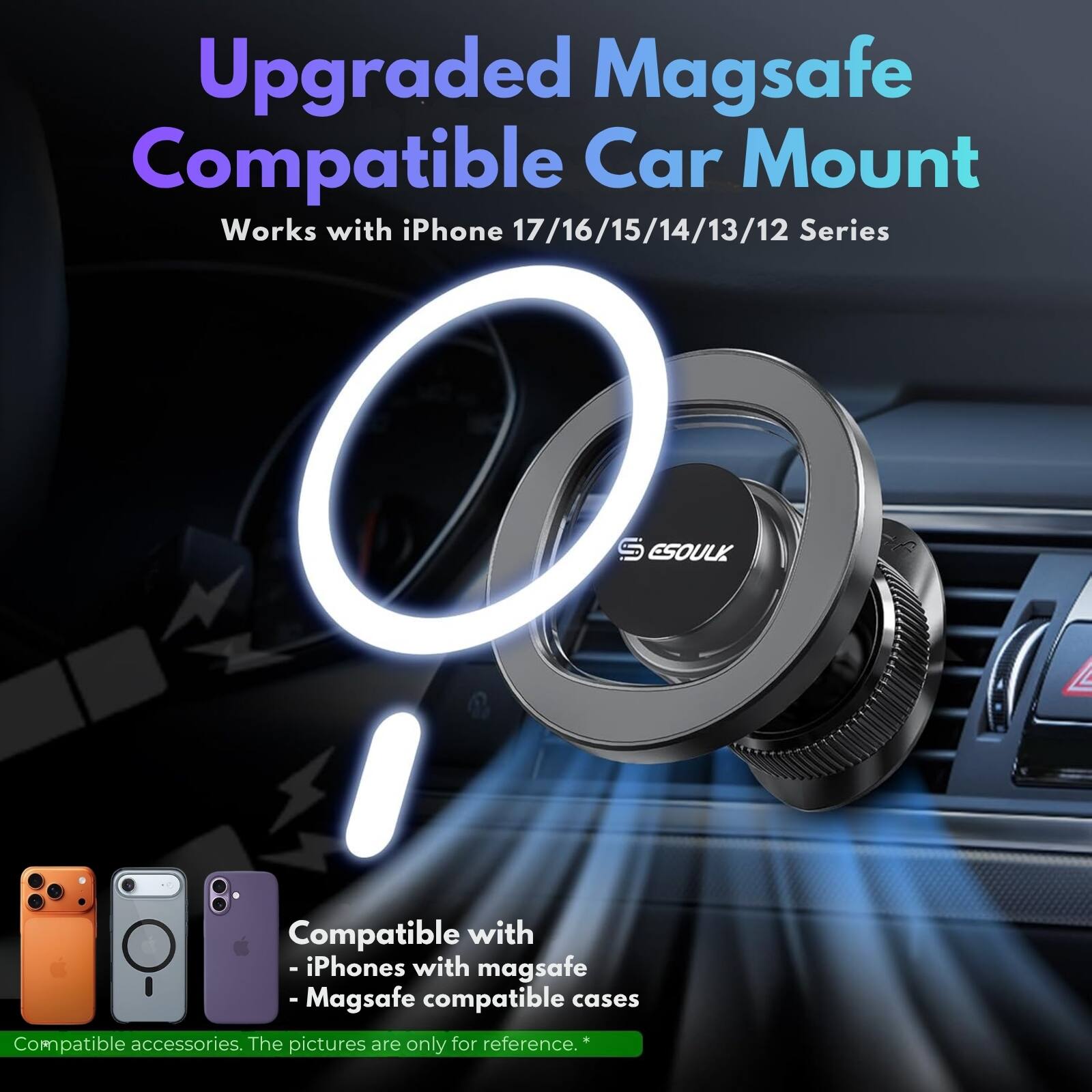 Upgraded Magsafe Compatible Car Mount Works with iPhone 17/16/15/14/13/12 Series

Compatible with:
- iPhones with Magsafe
- Magsafe compatible cases

Compatible accessories. The pictures are only for reference.