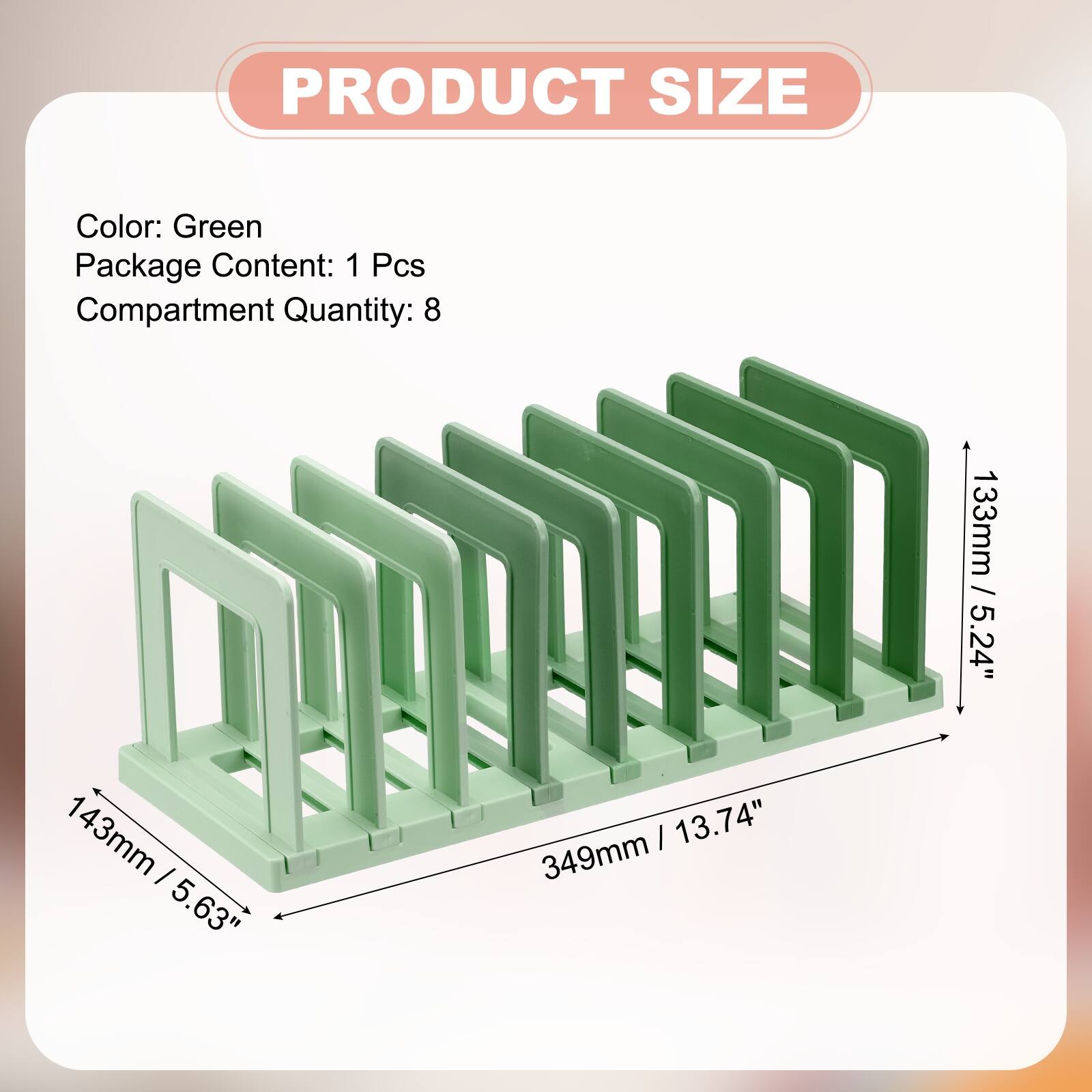 PRODUCT SIZE

Color: Green  
Package Content: 1 Pcs  
Compartment Quantity: 8  

133mm / 5.24"  
143mm / 5.63"  
349mm / 13.74"