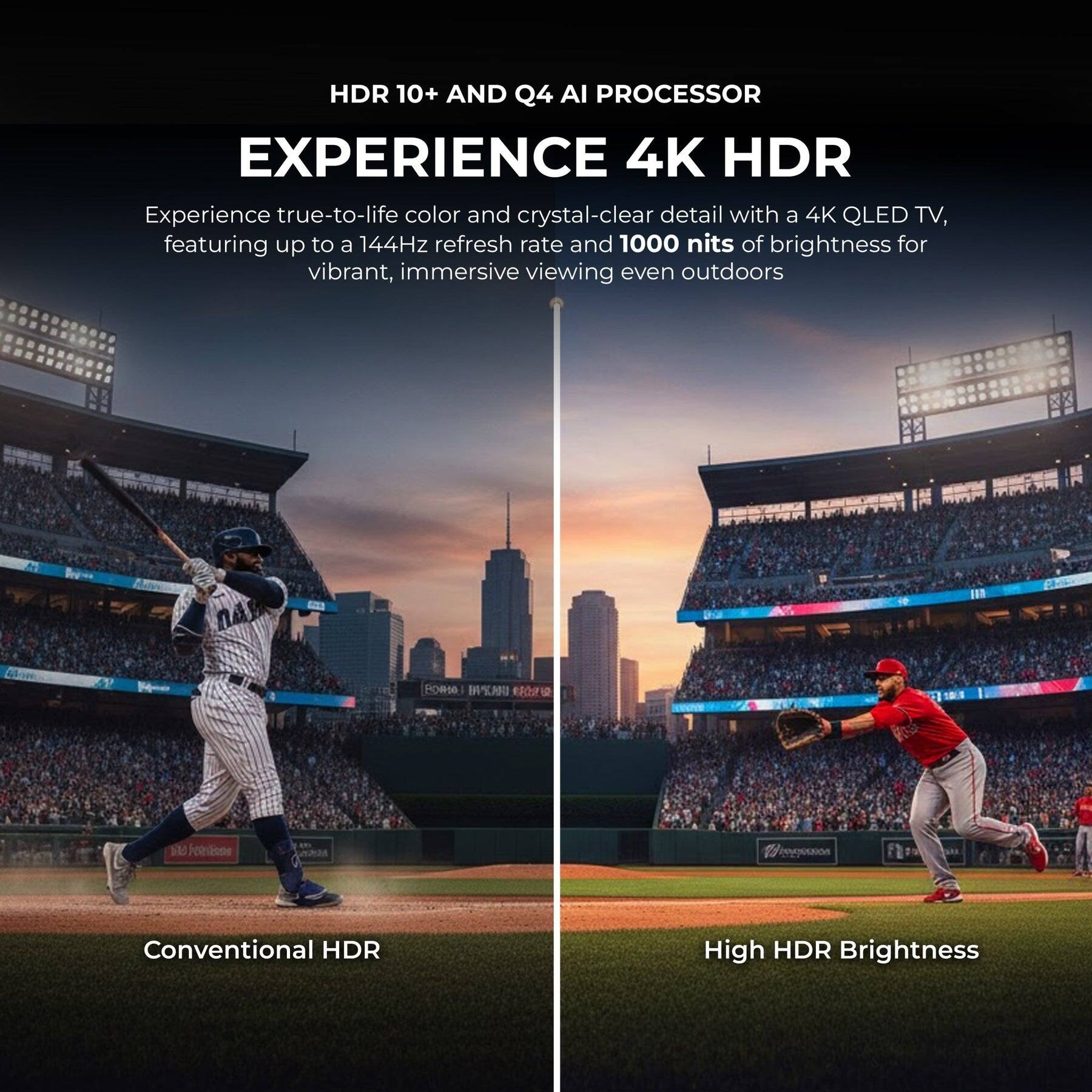 HDR 10+ AND Q4 AI PROCESSOR  
EXPERIENCE 4K HDR  

Experience true-to-life color and crystal-clear detail with a 4K QLED TV, featuring up to a 144Hz refresh rate and 1000 nits of brightness for vibrant, immersive viewing even outdoors  

Conventional HDR  
High HDR Brightness