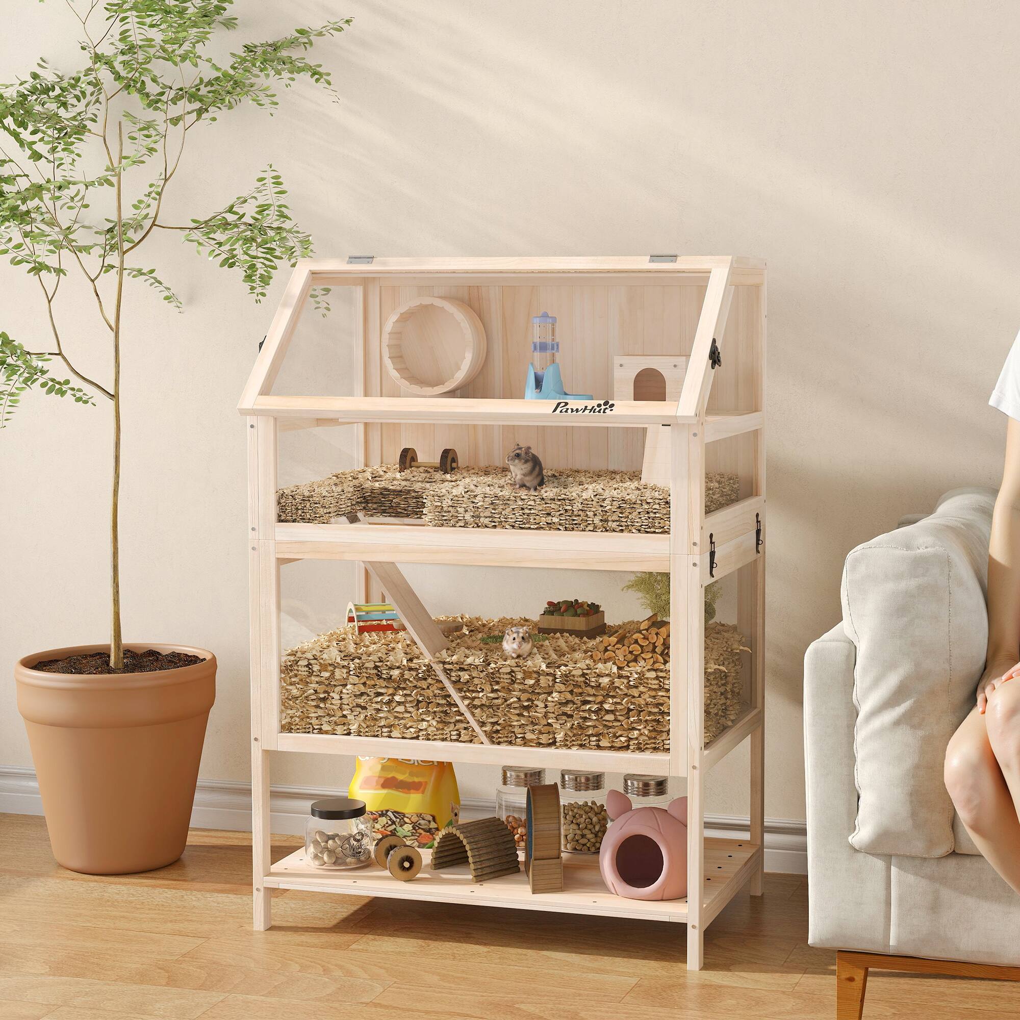 Alt View 1. Pawhut - Wooden Hamster Cage with Detachable Lower Floor, Storage Shelf, Hut, Seesaw, Exercise Wheel - Natural Wood.