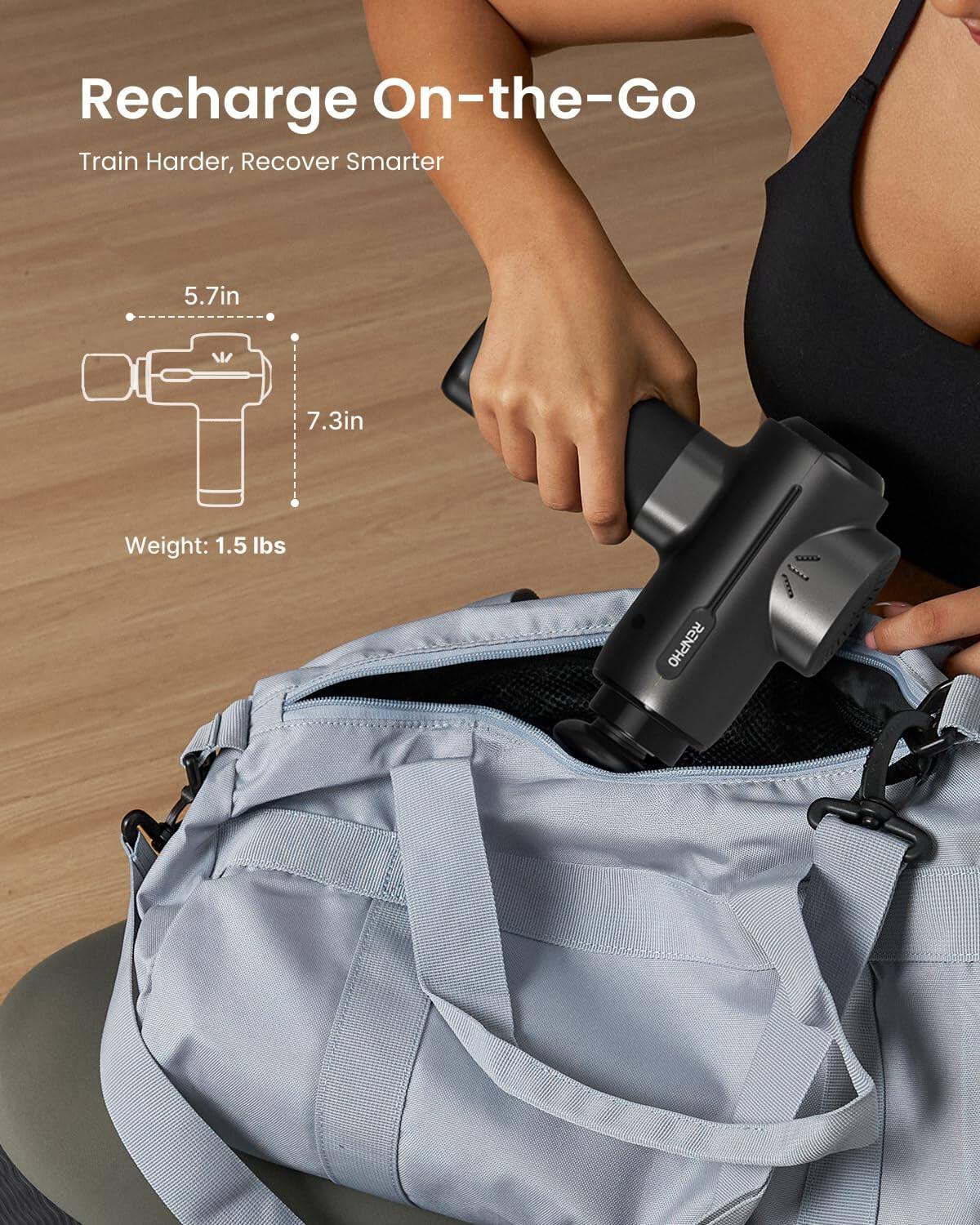 Recharge On-the-Go  
Train Harder, Recover Smarter  
5.7in 7.3in  
Weight: 1.5 lbs  
RENPHO