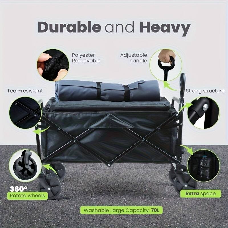 Durable and Heavy

- Polyester Removable
- Adjustable handle
- Tear-resistant
- Strong structure
- 360° Rotate wheels
- Extra space
- Washable Large Capacity: 70L